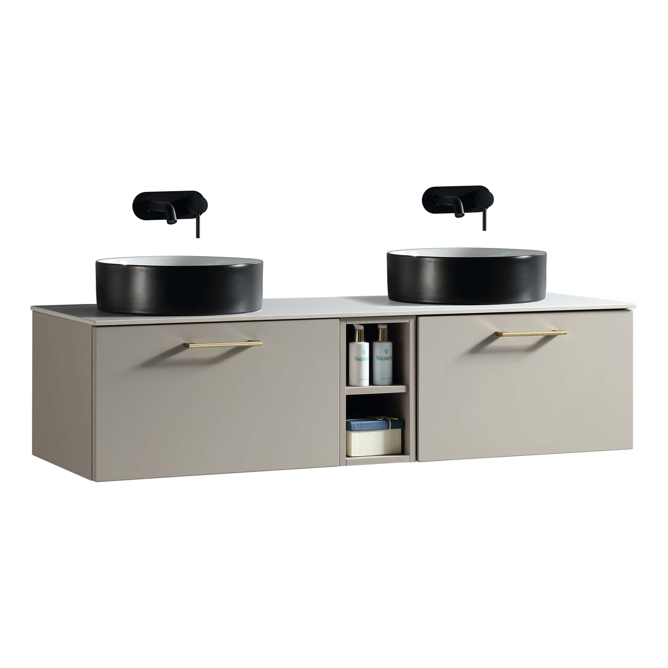 Sleek modern bathroom vanity with double black vessel sinks and wall-mounted faucets, featuring neutral cabinets with gold handles, ideal for contemporary bathroom designs.
