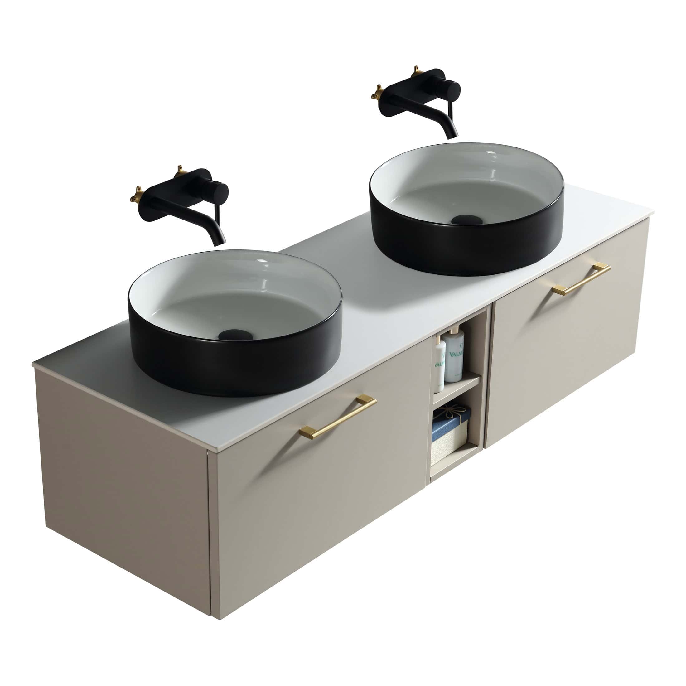 Contemporary bathroom vanity with dual black and white vessel sinks, gold handles, and sleek black faucets, perfect for modern toilet and bathroom design.