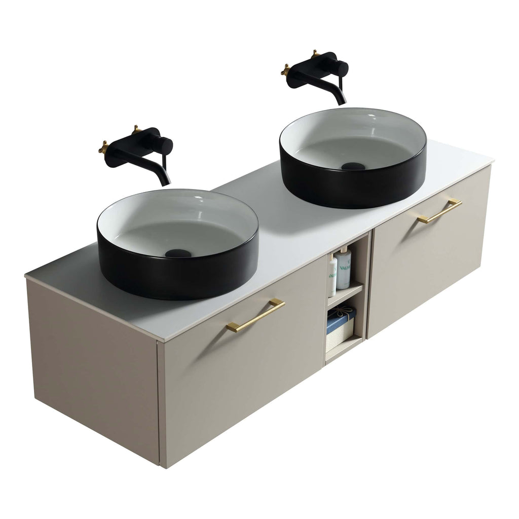 Contemporary bathroom vanity with dual black and white vessel sinks, gold handles, and sleek black faucets, perfect for modern toilet and bathroom design.