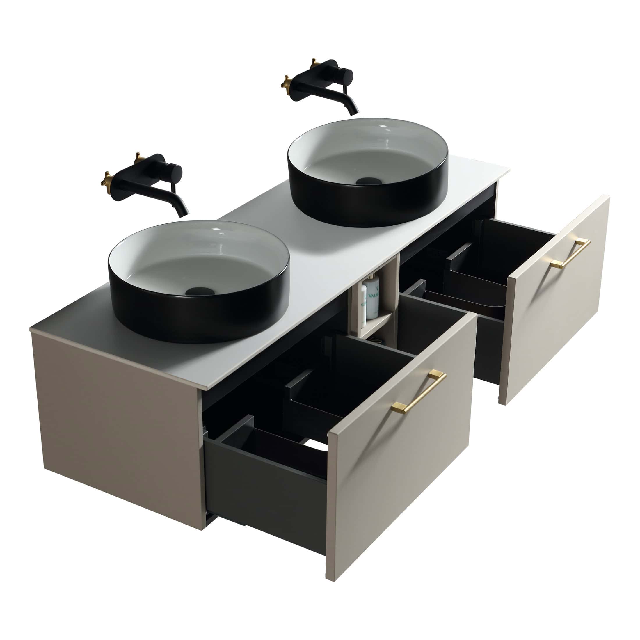 Contemporary double bathroom vanity with black and white ceramic vessel sinks, black taps, and gold handles, featuring open drawers and storage compartments, perfect for modern bathroom decor.