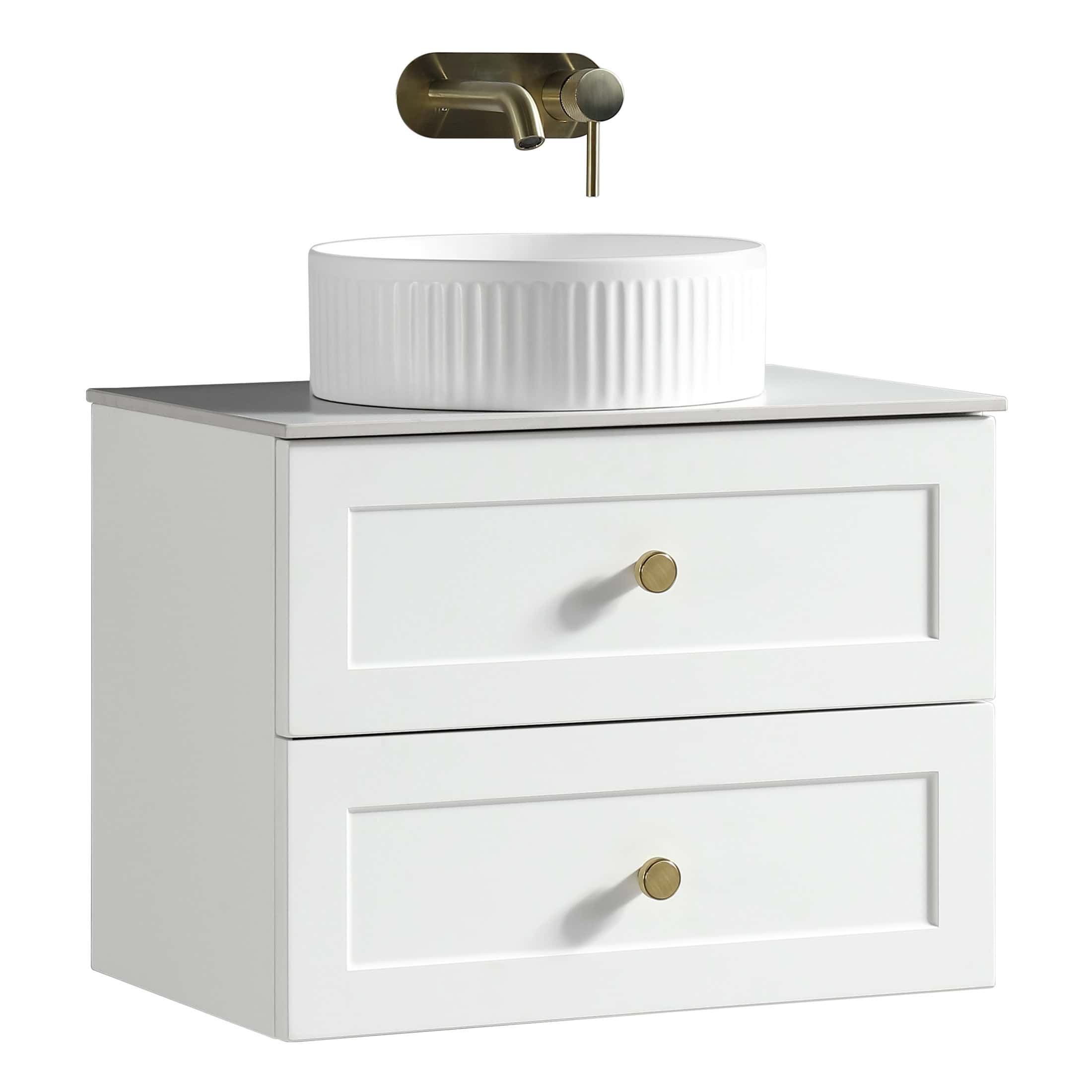 Modern white bathroom vanity unit with a round ceramic vessel sink and gold-finished wall-mounted tap, ideal for contemporary bathroom decor and interior design.