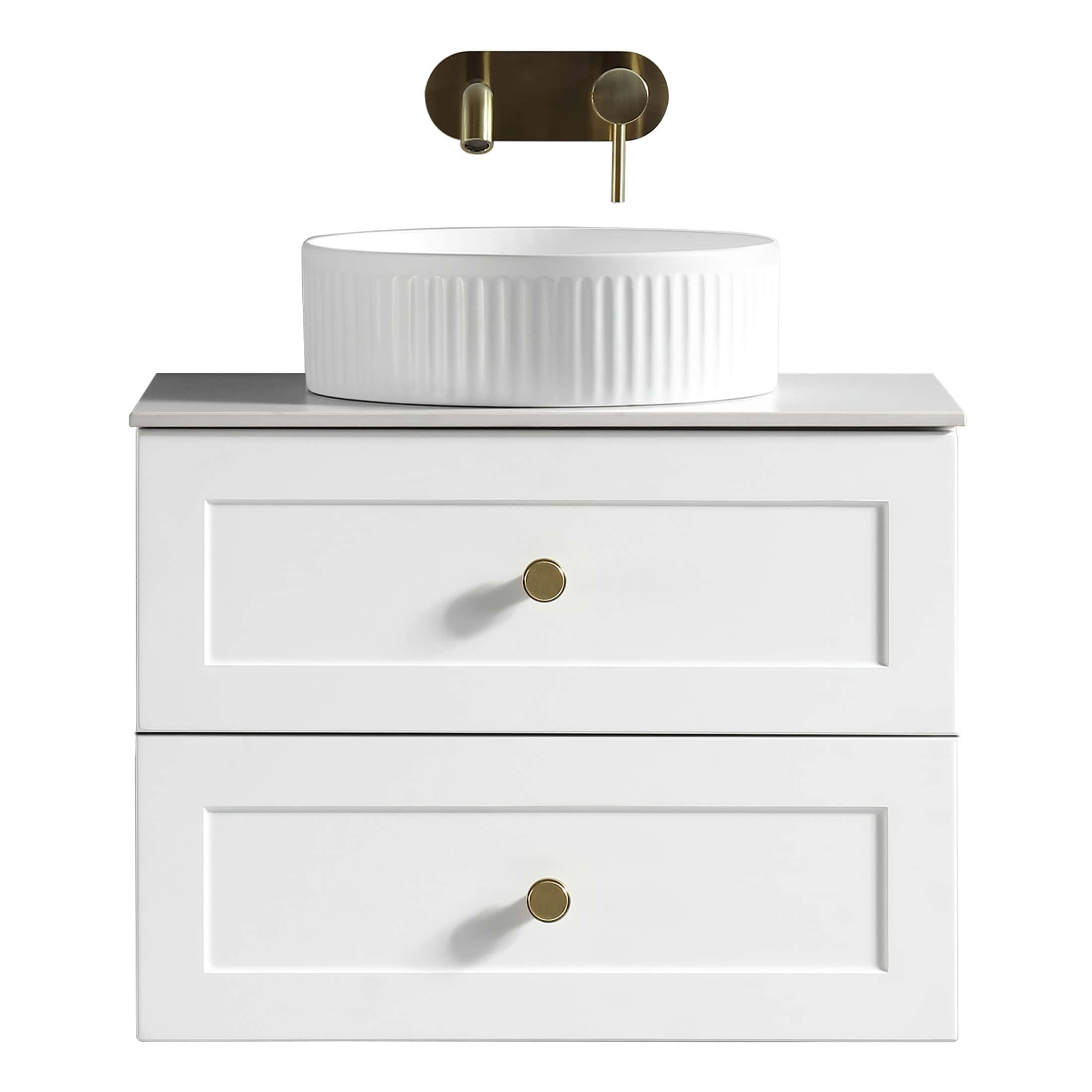 Sleek white bathroom vanity with integrated basin, modern brass fixtures, and ample storage drawers, perfect for contemporary bathroom design. Ideal for stylish bathroom upgrades.