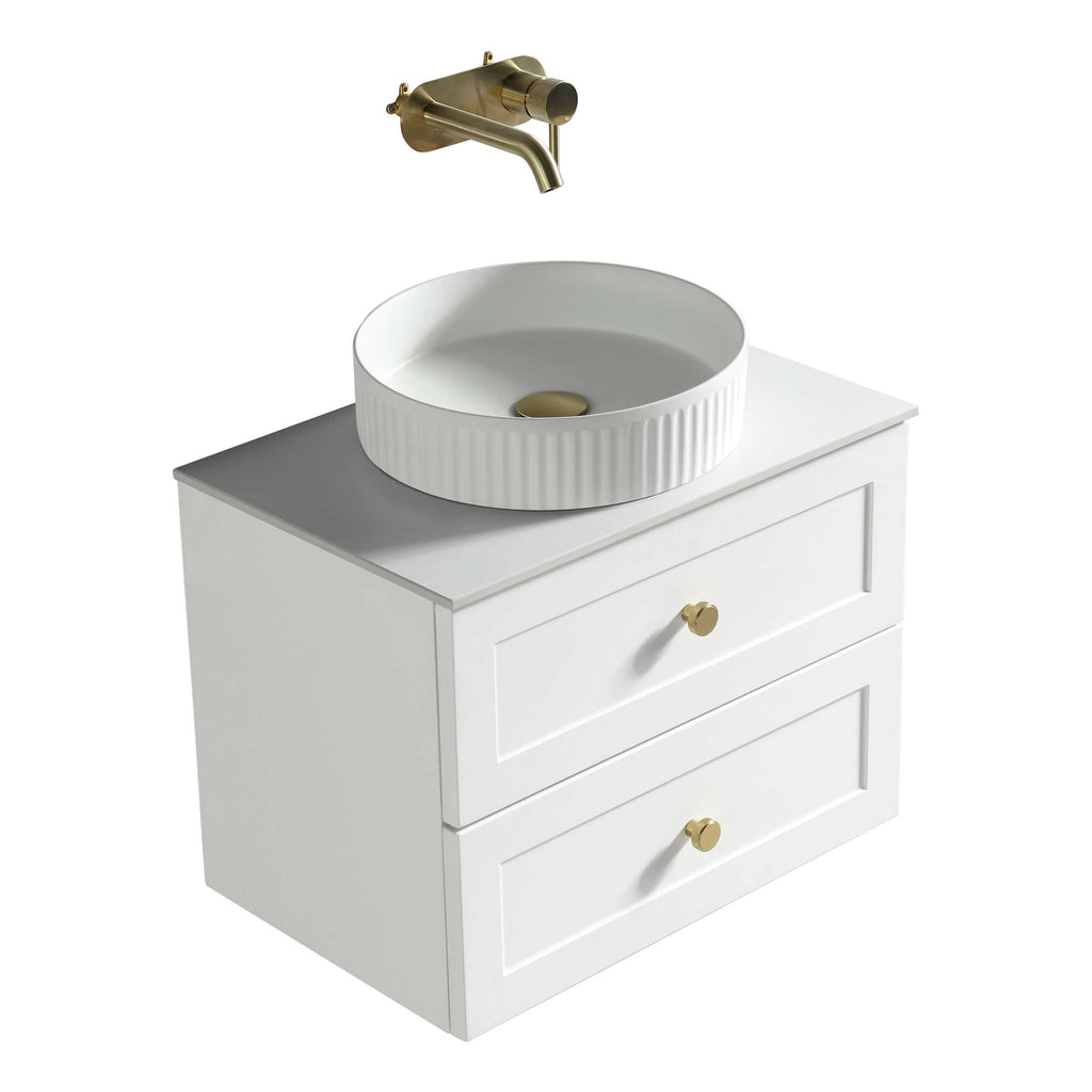 Sleek white bathroom vanity with round ceramic basin and brass fixtures, perfect for modern bathroom interiors. Stylish design crafted for functionality and elegance.