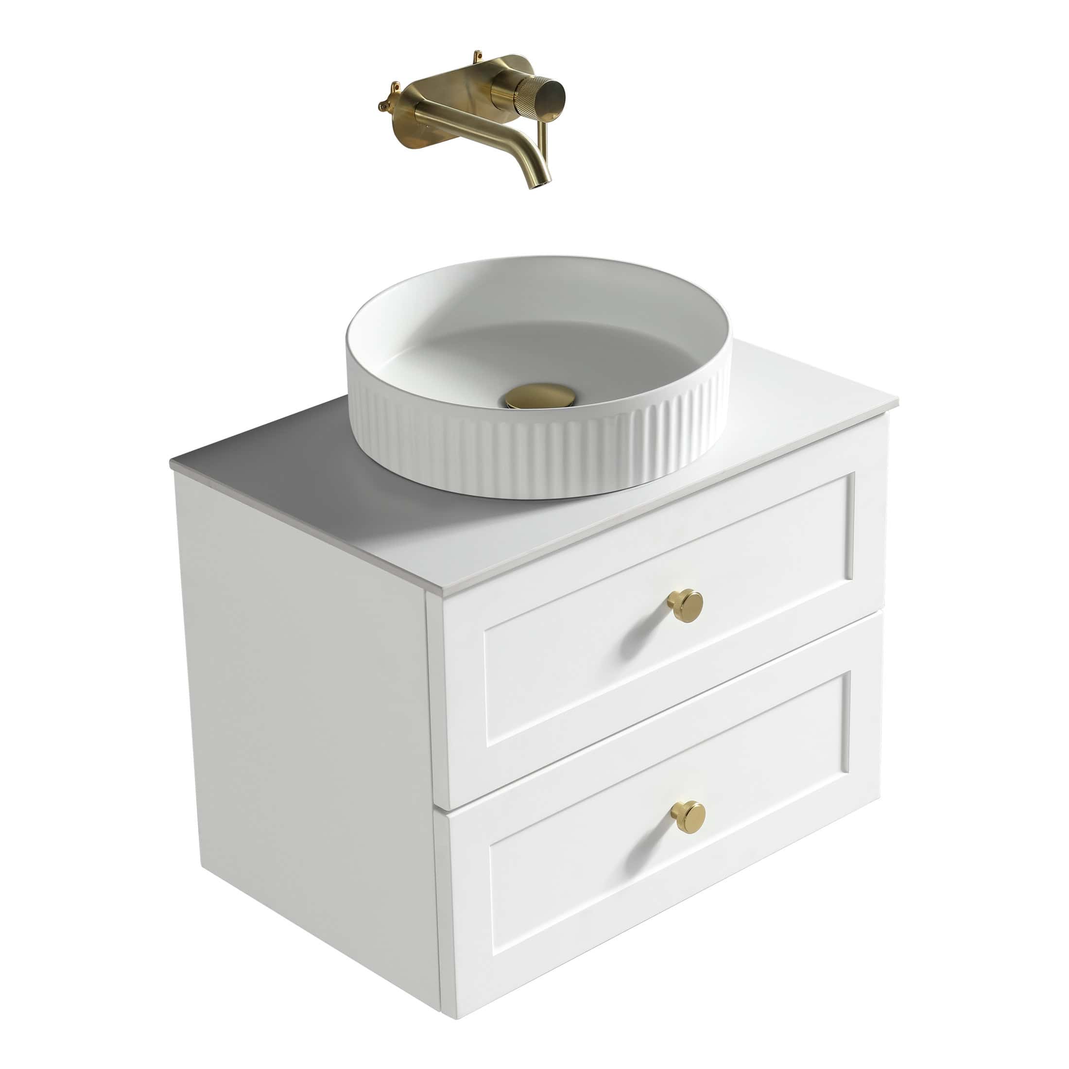Sleek white bathroom vanity with round ceramic basin and brass fixtures, perfect for modern bathroom interiors. Stylish design crafted for functionality and elegance.