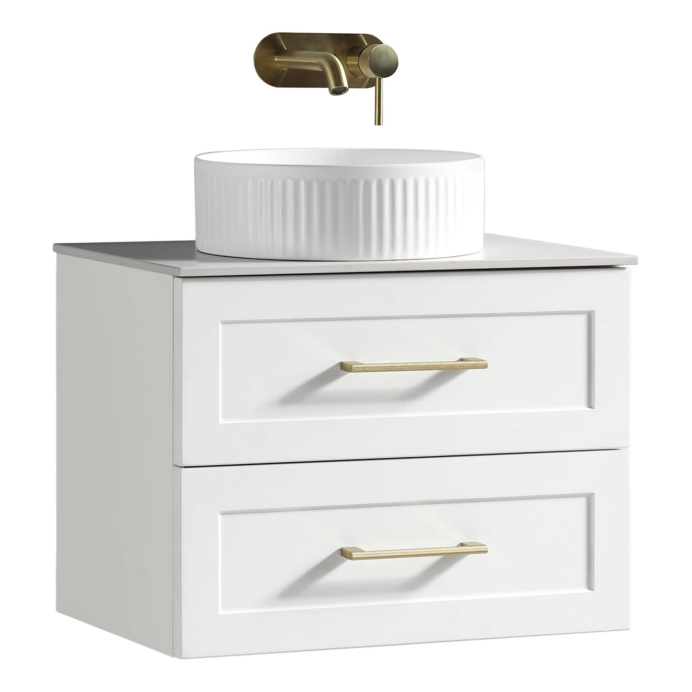 Polished white bathroom vanity with dual drawers and sleek gold handles, topped with a modern round ceramic vessel sink and wall-mounted brass faucet, perfect for contemporary bathroom decor.