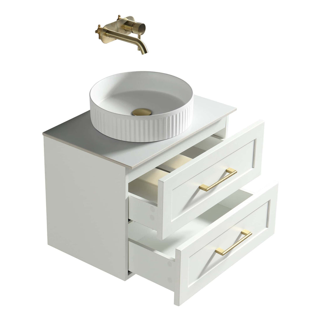 Modern white bathroom vanity with built-in basin and brass handles, perfect for stylish bathroom upgrade.