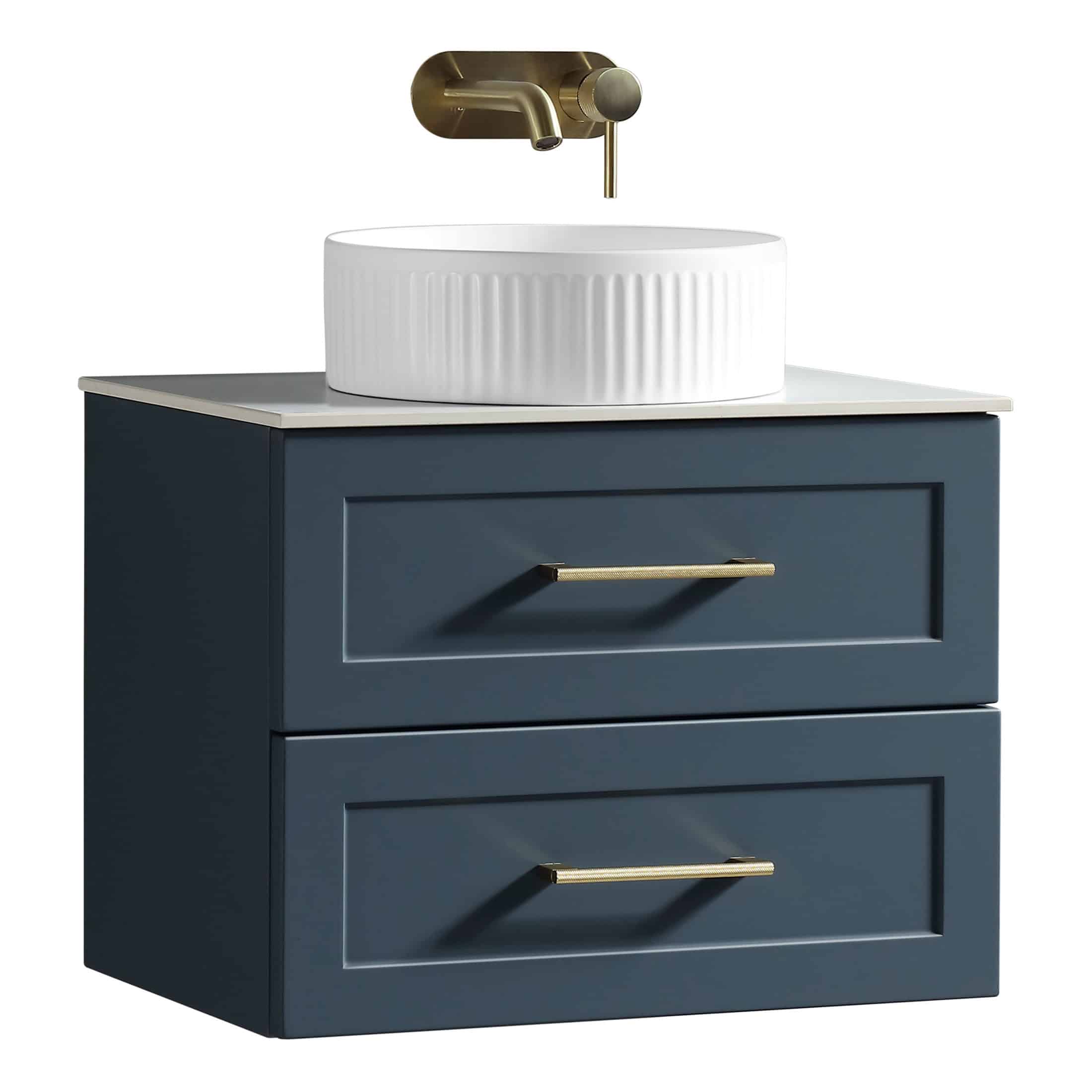 Sleek navy blue bathroom vanity with two drawers, modern brass handles, and a stylish countertop with a round white vessel sink and wall-mounted brass tap.