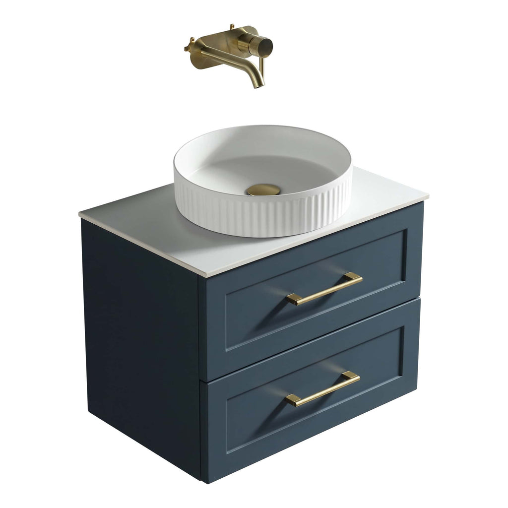 Polished brass bathroom tap above navy vanity unit with white ceramic sink, modern bathroom design, elegant fixtures, bathroom furnishing, luxury bathroom fitments, bubly.co.uk.