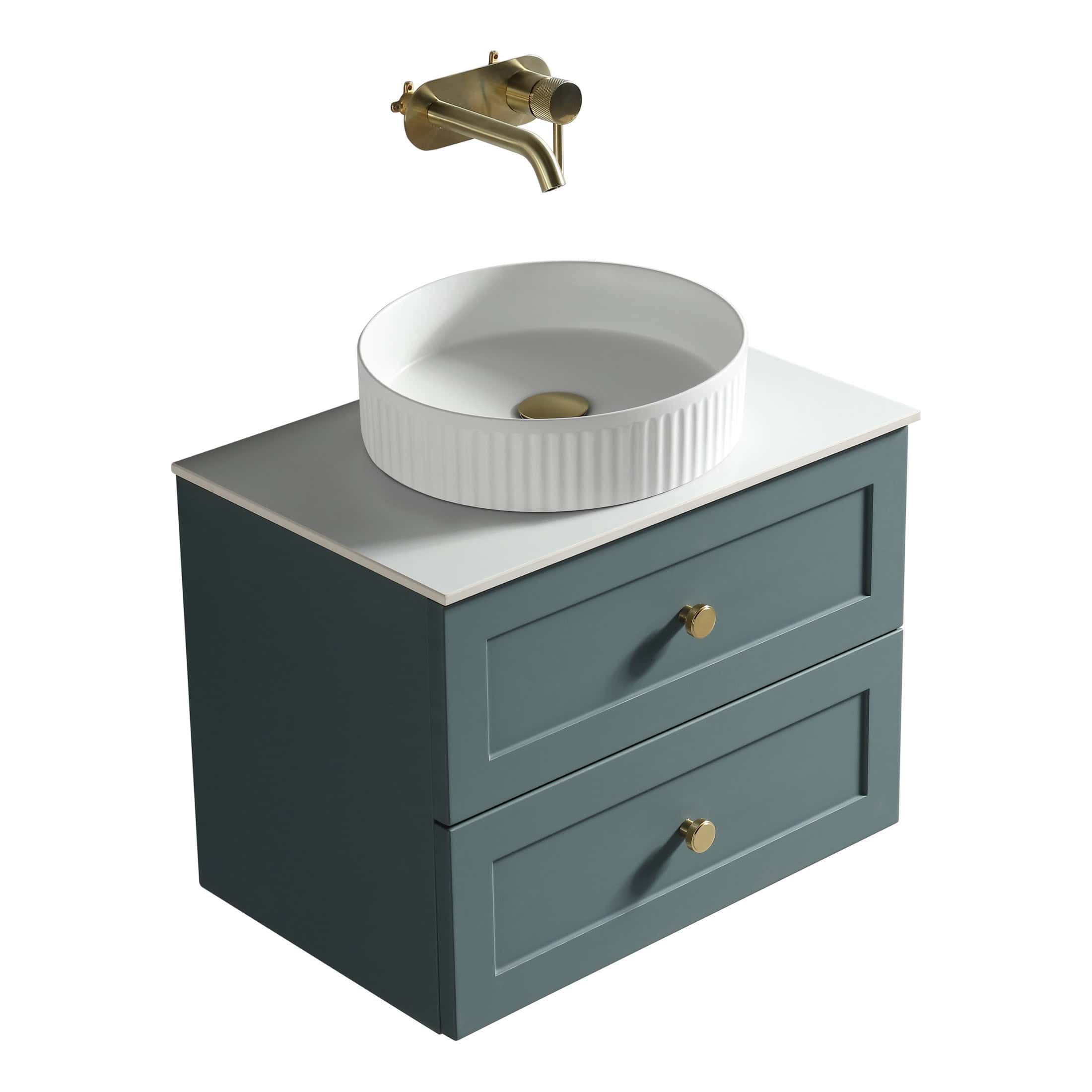 Sleek blue bathroom vanity with a modern white basin and brass fixtures, perfect for contemporary bathroom renovation and stylish storage solutions.