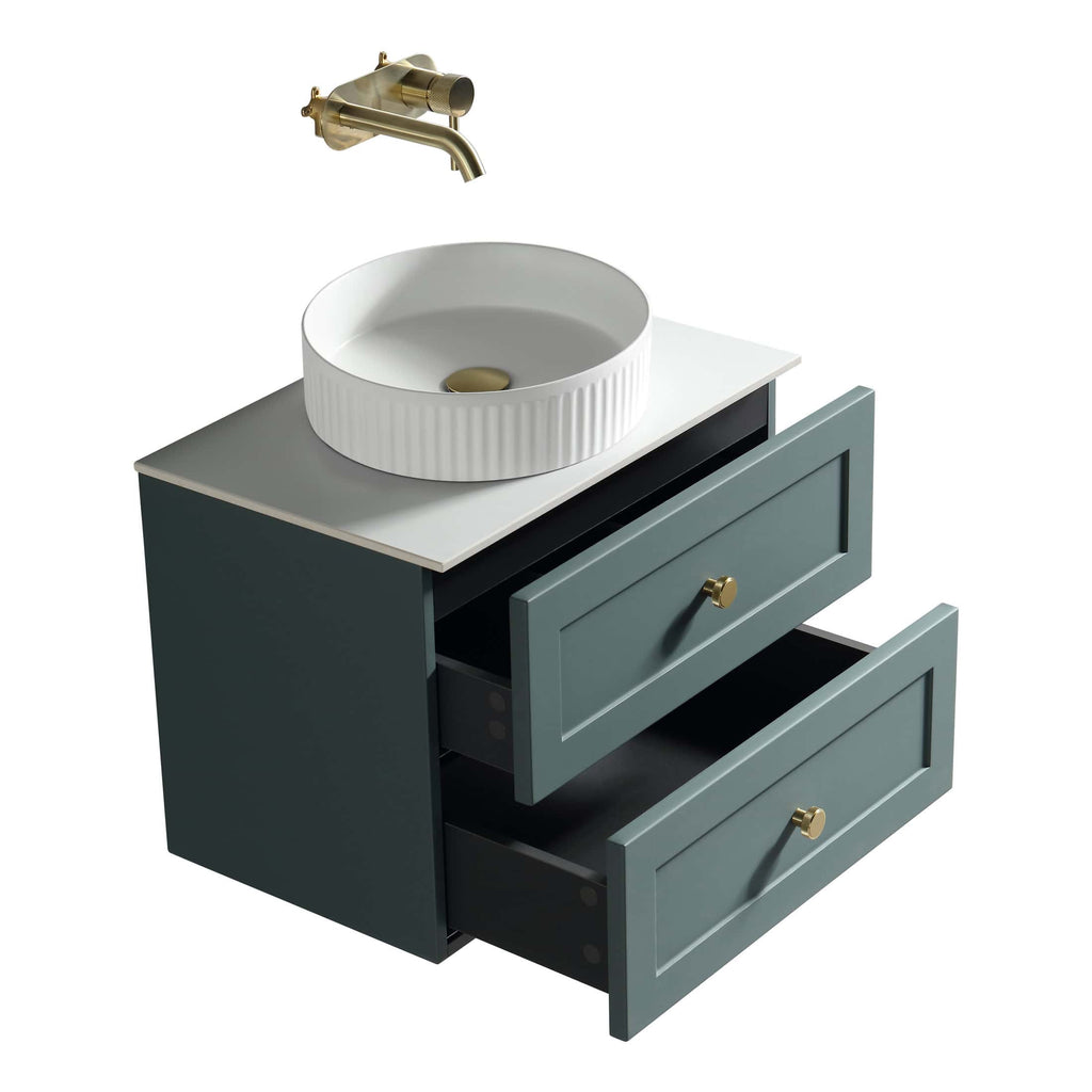 Shallow image of a modern bathroom vanity with open drawers, a round white vessel sink, and a brass wall-mounted tap, ideal for contemporary bathroom renovations and stylish fixtures.