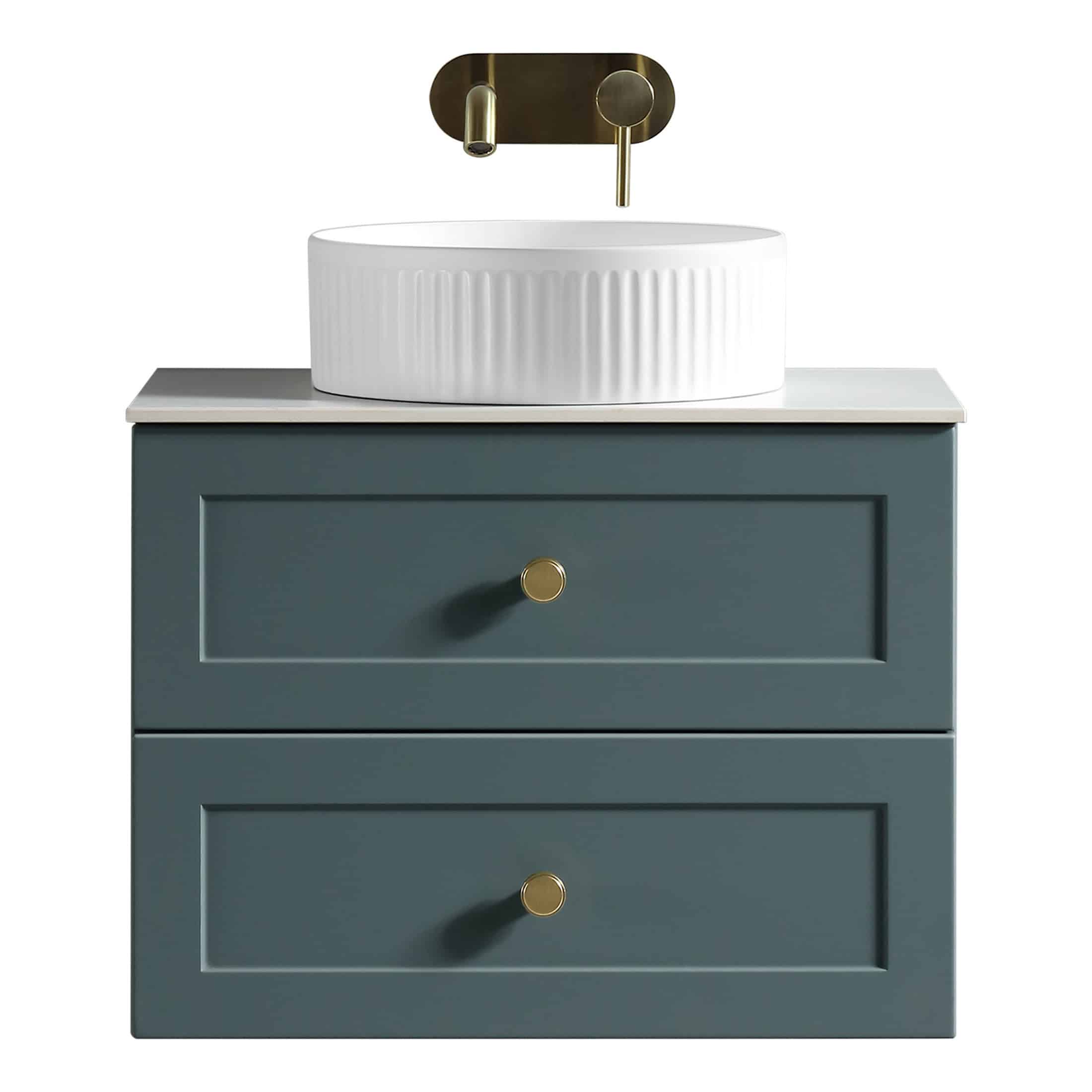Sleek modern bathroom vanity with a white ceramic vessel sink and brass faucet, featuring a stylish blue cabinet with two drawers for bathroom storage.