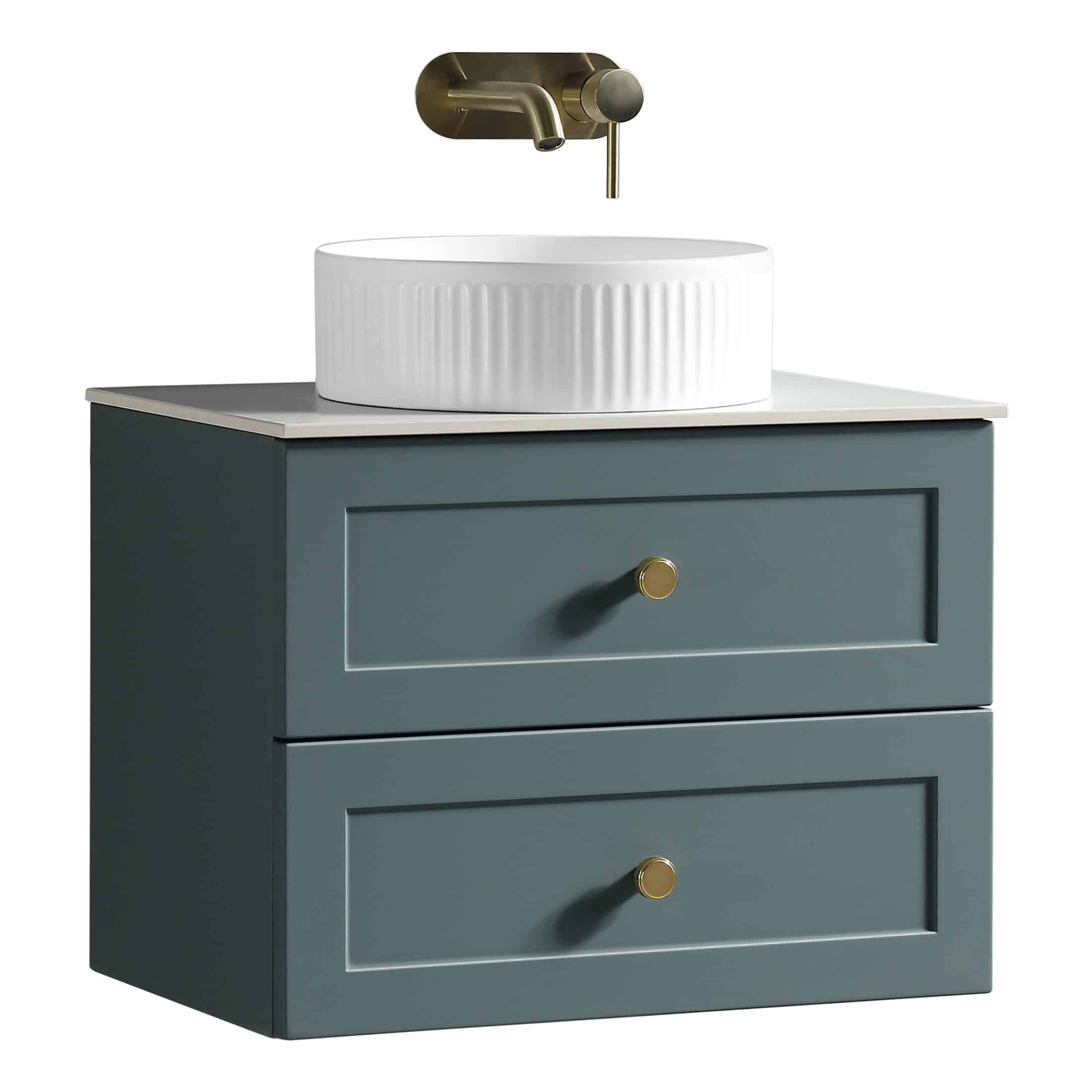 Modern blue bathroom vanity with a white round vessel sink and brass wall-mounted faucet, ideal for contemporary bathroom design and plumbing installation.