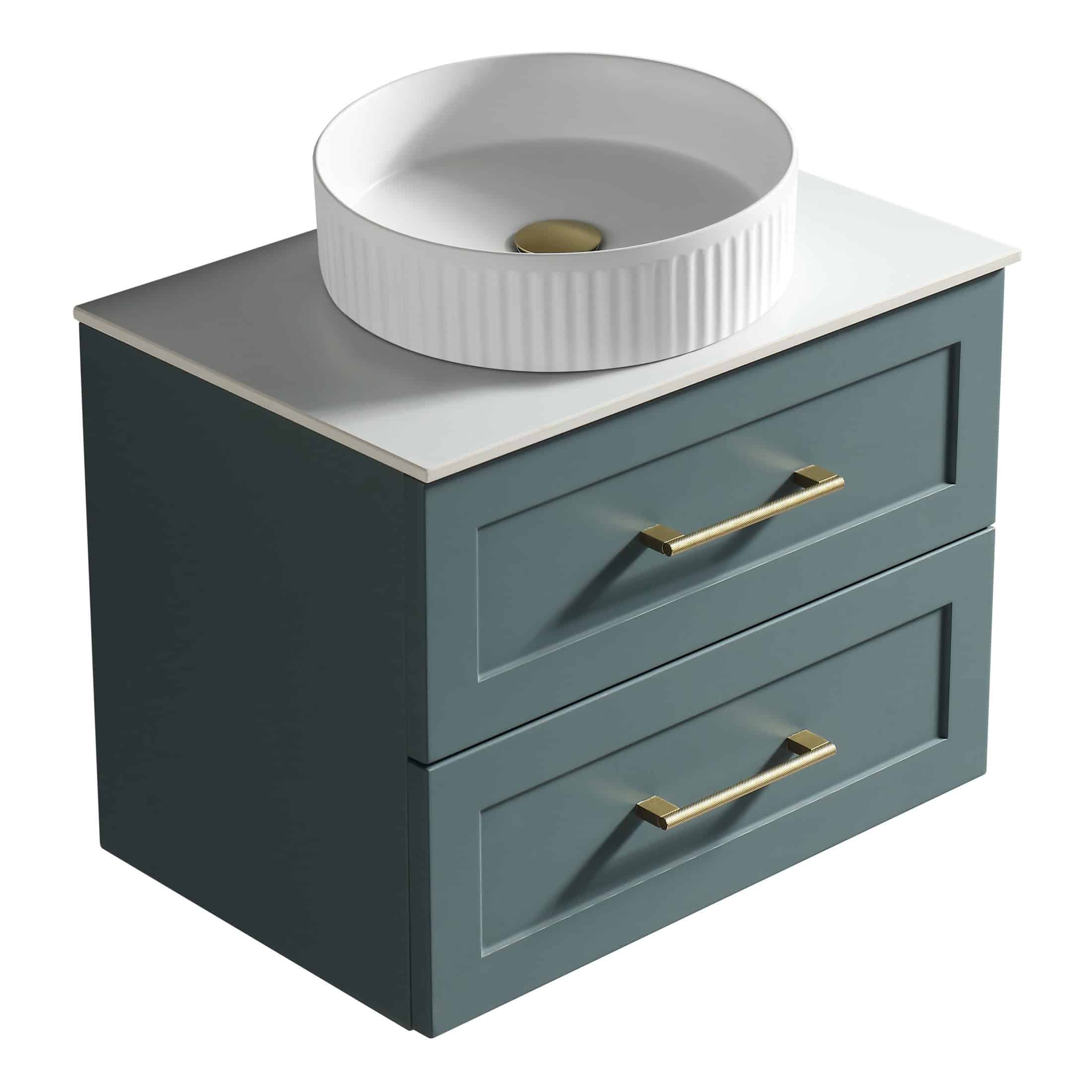 Modern blue bathroom vanity with a white ceramic vessel sink, ideal for stylish bathroom renovations, featuring sleek gold handles for a contemporary look.