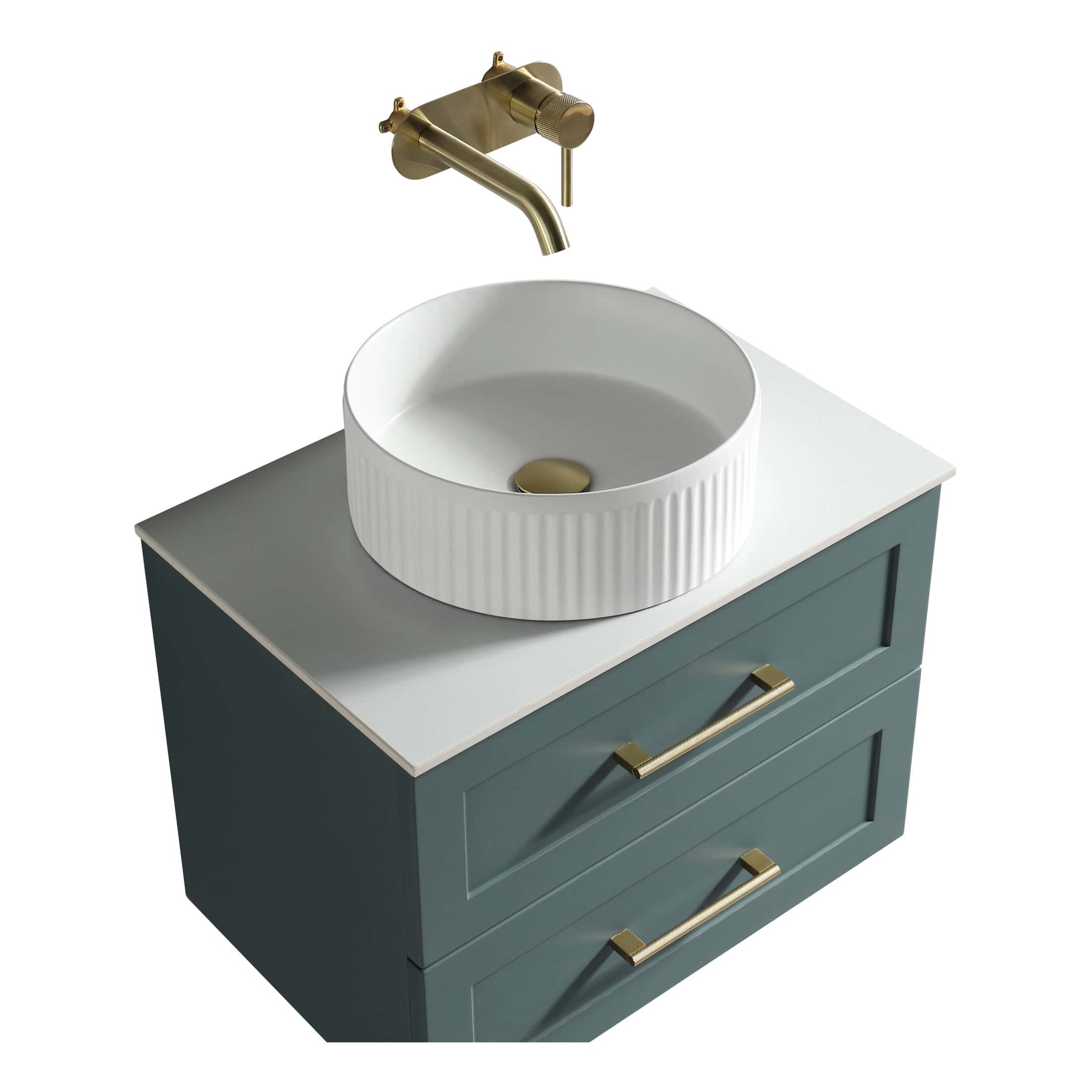 Modern bathroom vanity unit with a round white ceramic sink and gold-finish tap, designed for stylish and functional bathroom decor.