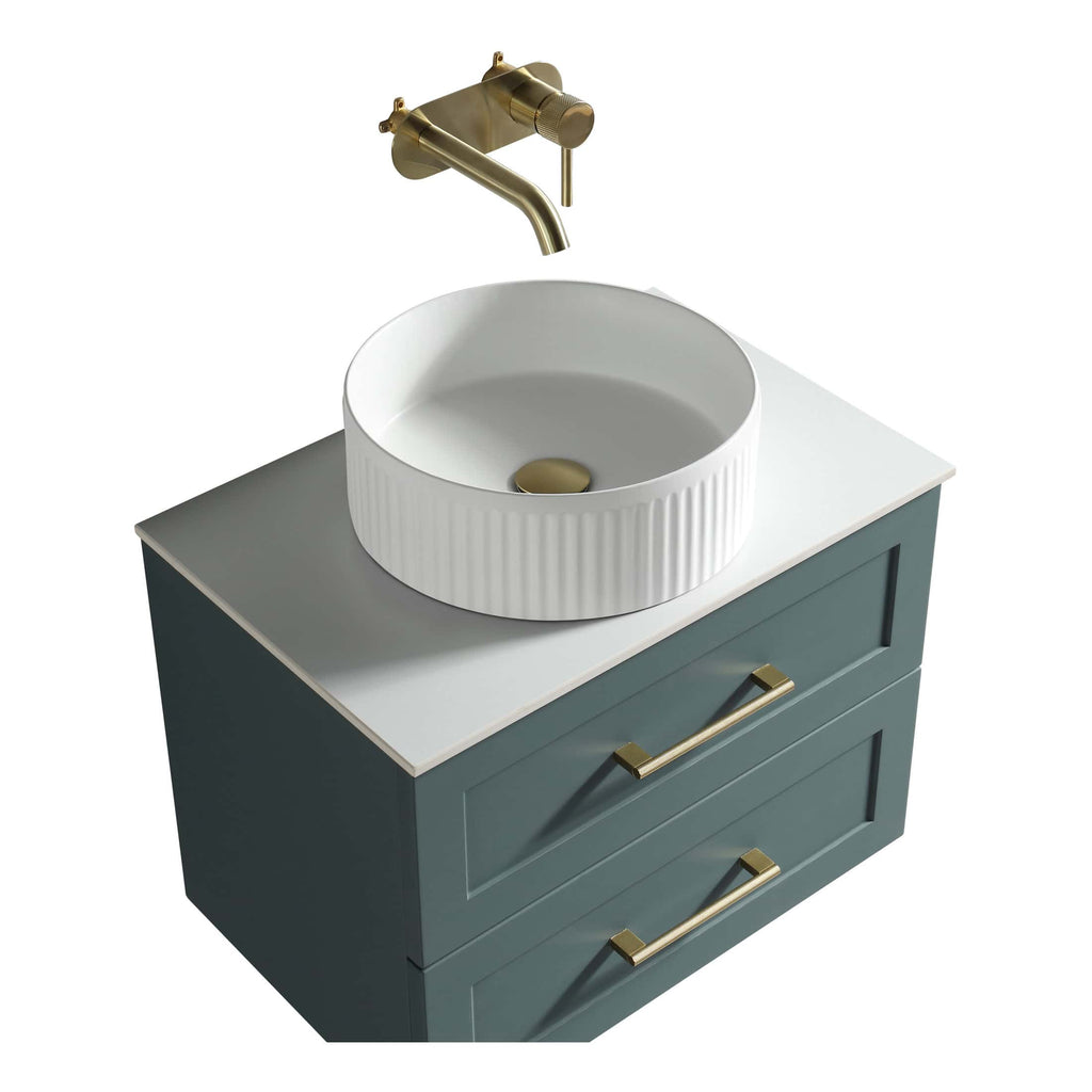 Modern bathroom vanity unit with a round white ceramic sink and gold-finish tap, designed for stylish and functional bathroom decor.