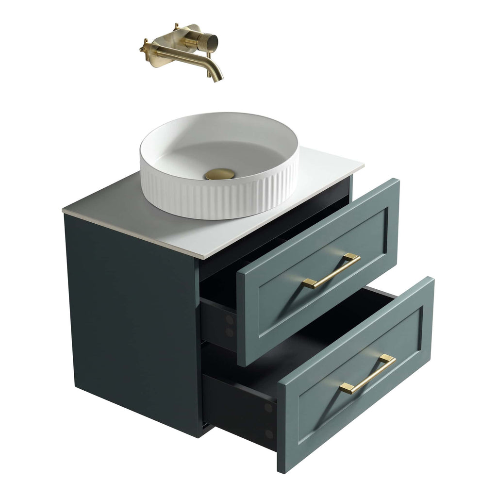 Polished brass bathroom tap and stylish grey vanity unit with open drawers, featuring a round white ceramic sink, ideal for modern and luxurious bathroom designs.