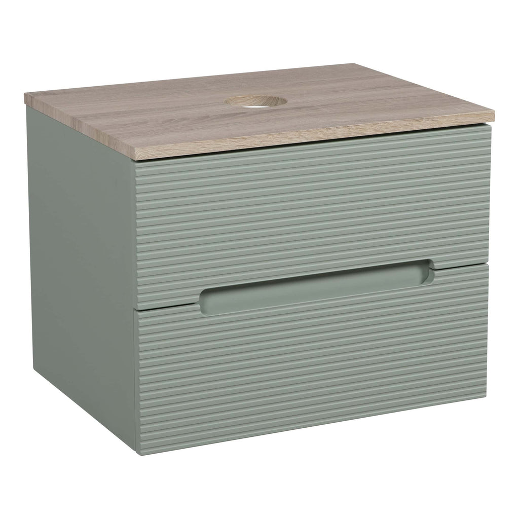 Modern bathroom vanity unit with a textured grey finish and a wood-effect countertop, designed for contemporary bathroom interiors. Ideal for stylish storage solutions.