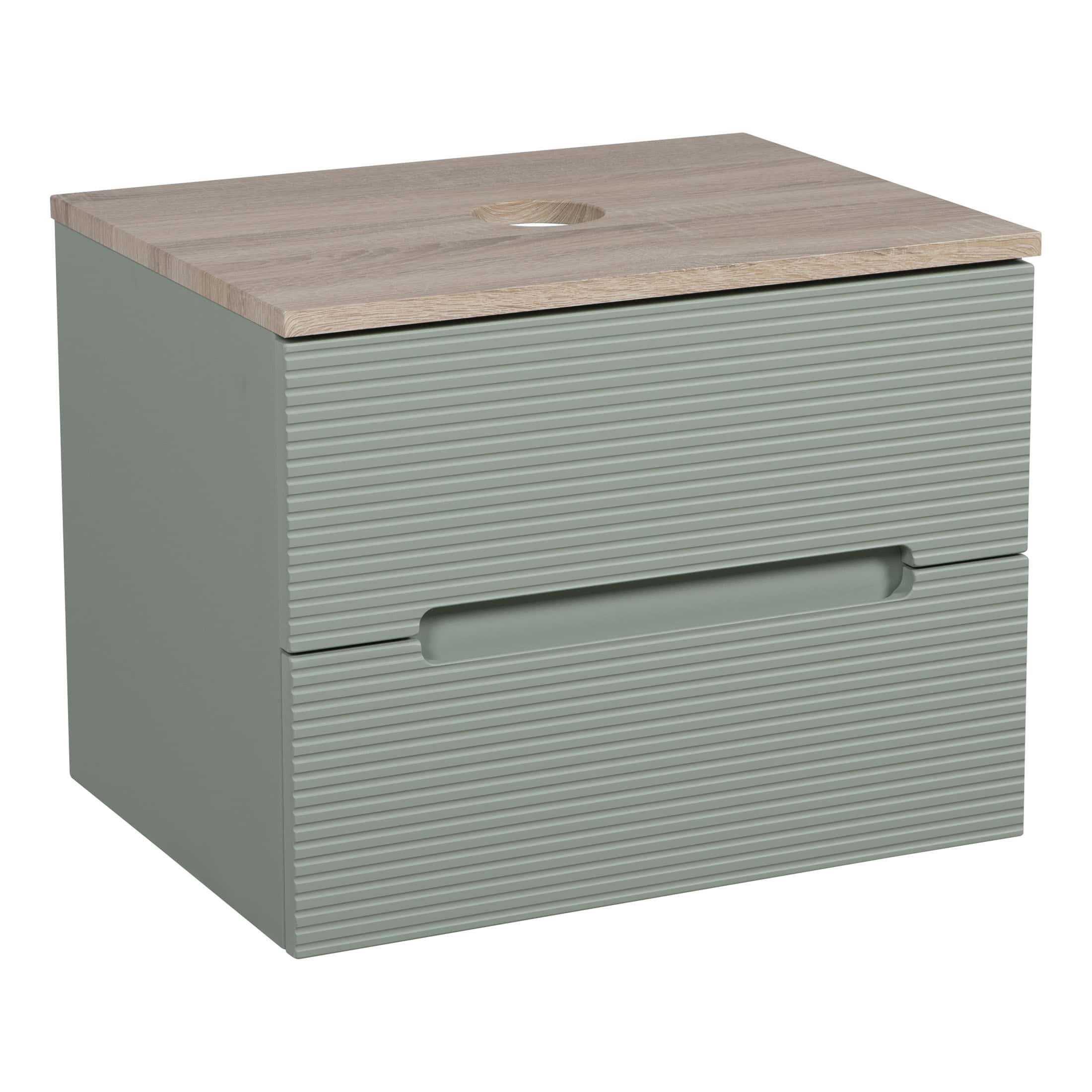 Modern bathroom vanity unit with a textured grey finish and a wood-effect countertop, designed for contemporary bathroom interiors. Ideal for stylish storage solutions.
