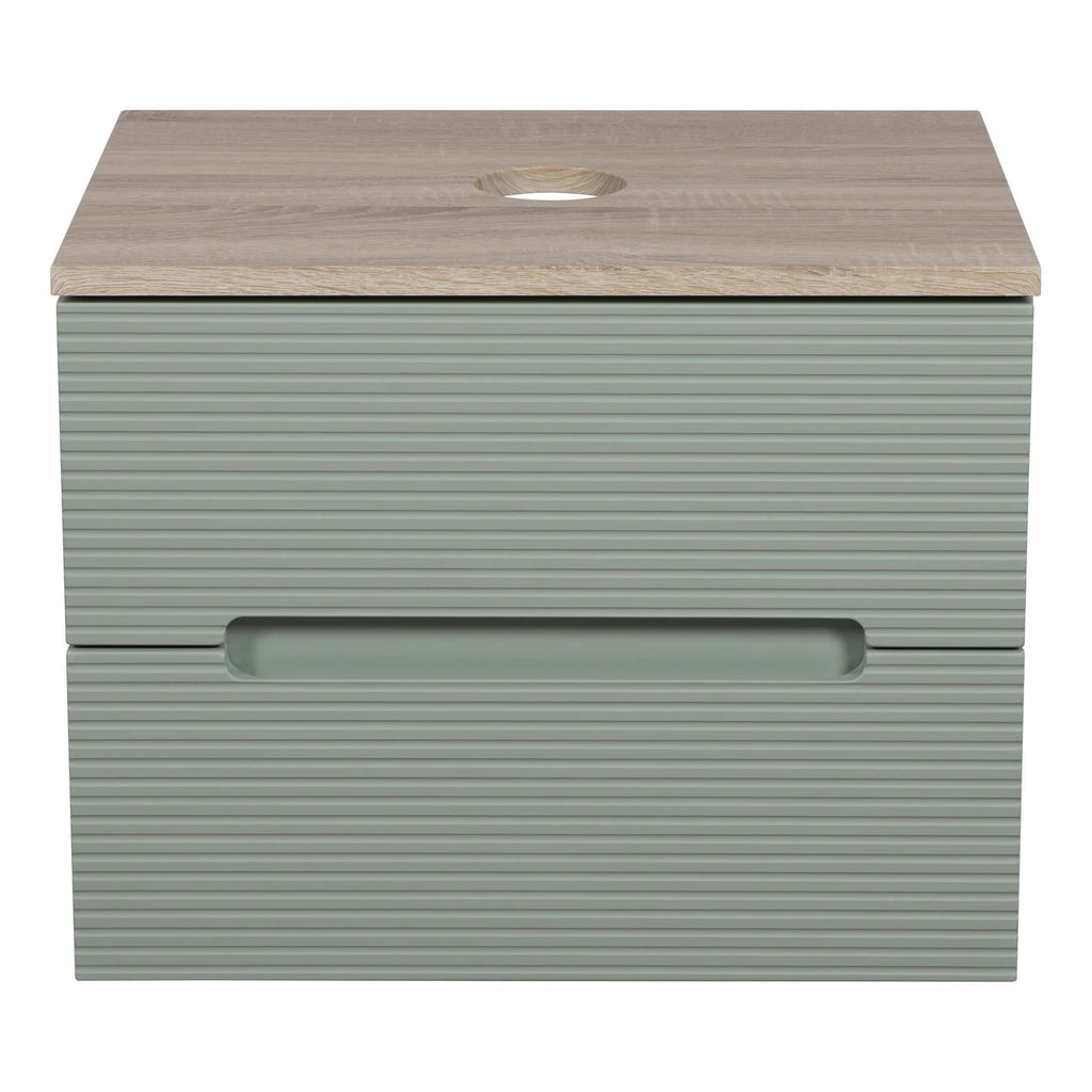 Modern bathroom storage unit with a wooden top and ribbed grey drawers, ideal for bathroom organisation and decor. Perfect for contemporary bathroom interiors, blending style and functionality.