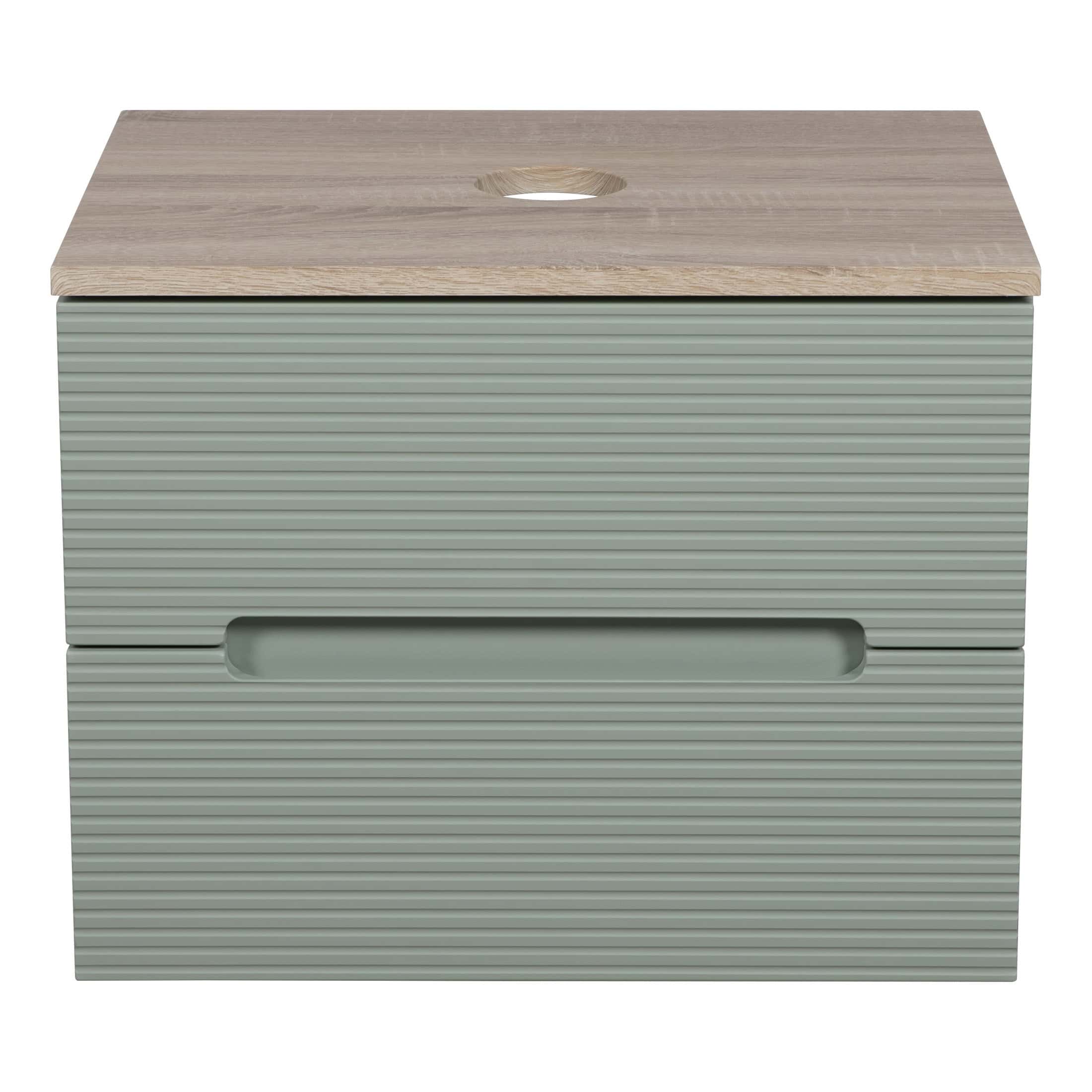 Modern bathroom storage unit with a wooden top and ribbed grey drawers, ideal for bathroom organisation and decor. Perfect for contemporary bathroom interiors, blending style and functionality.