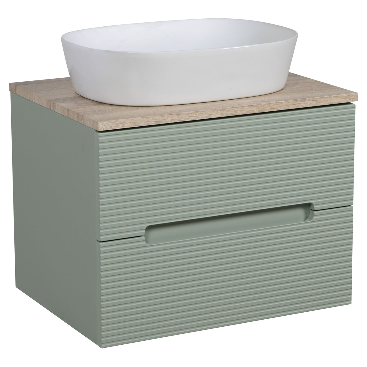 Tailored Monza Plus Fluted 2 Drawer Wall Hung Vanity With Counter Top - 605mm Wide - Aloe Green/Country Oak - view 1