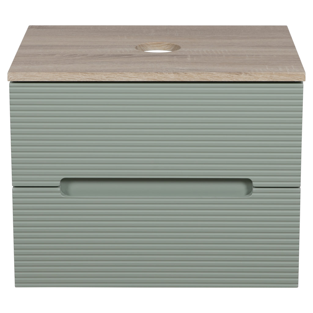 Tailored Monza Plus Fluted 2 Drawer Wall Hung Vanity With Counter Top - 605mm Wide - Aloe Green/Country Oak - view 2