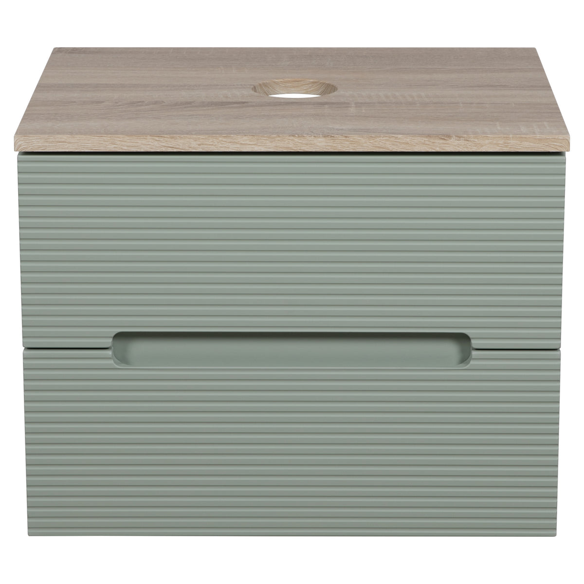 Tailored Monza Plus Fluted 2 Drawer Wall Hung Vanity With Counter Top - 605mm Wide - Aloe Green/Country Oak - view 2
