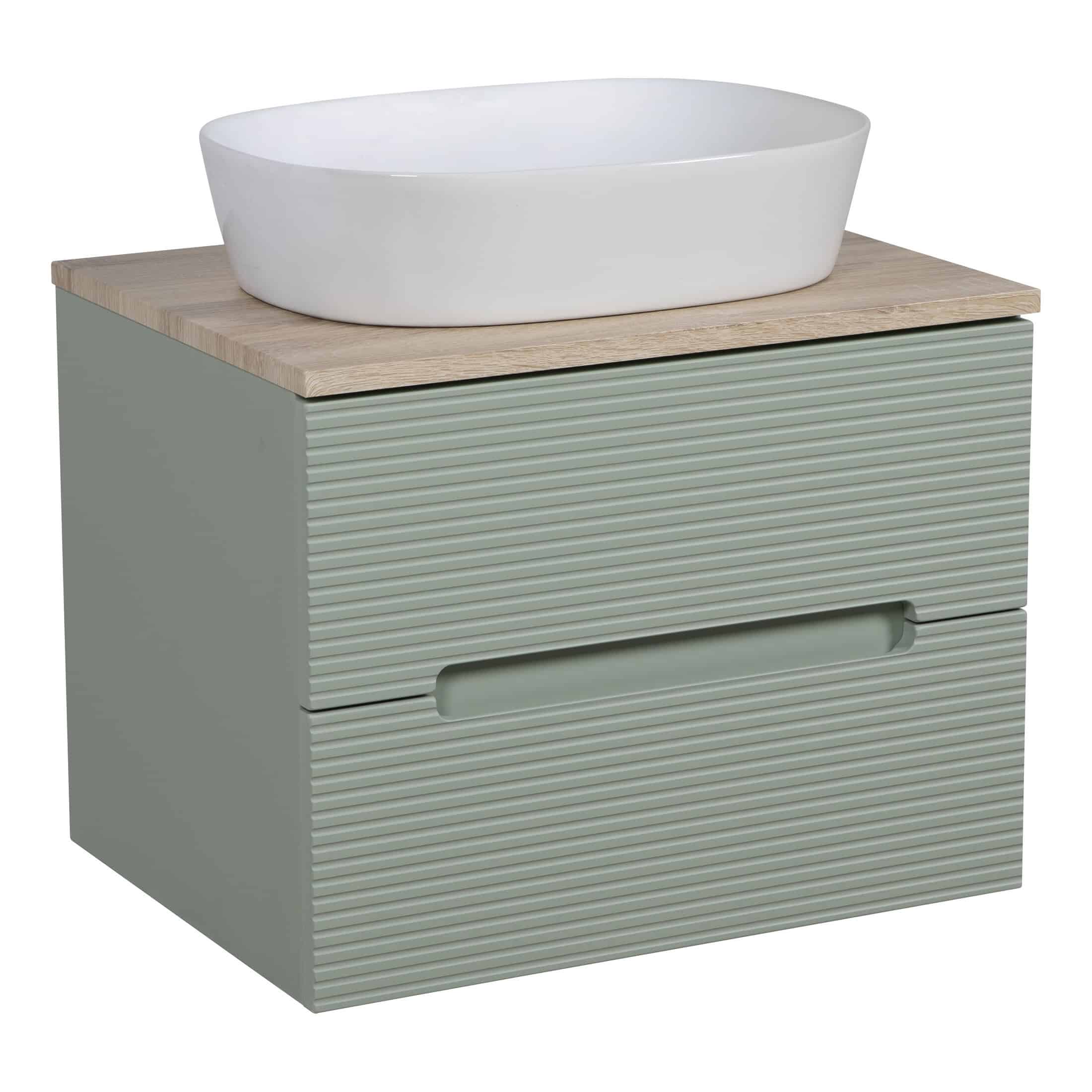 Sleek bathroom vanity with a modern textured grey finish, fitted with a stylish oval sink and light wood countertop, perfect for contemporary bathroom designs.