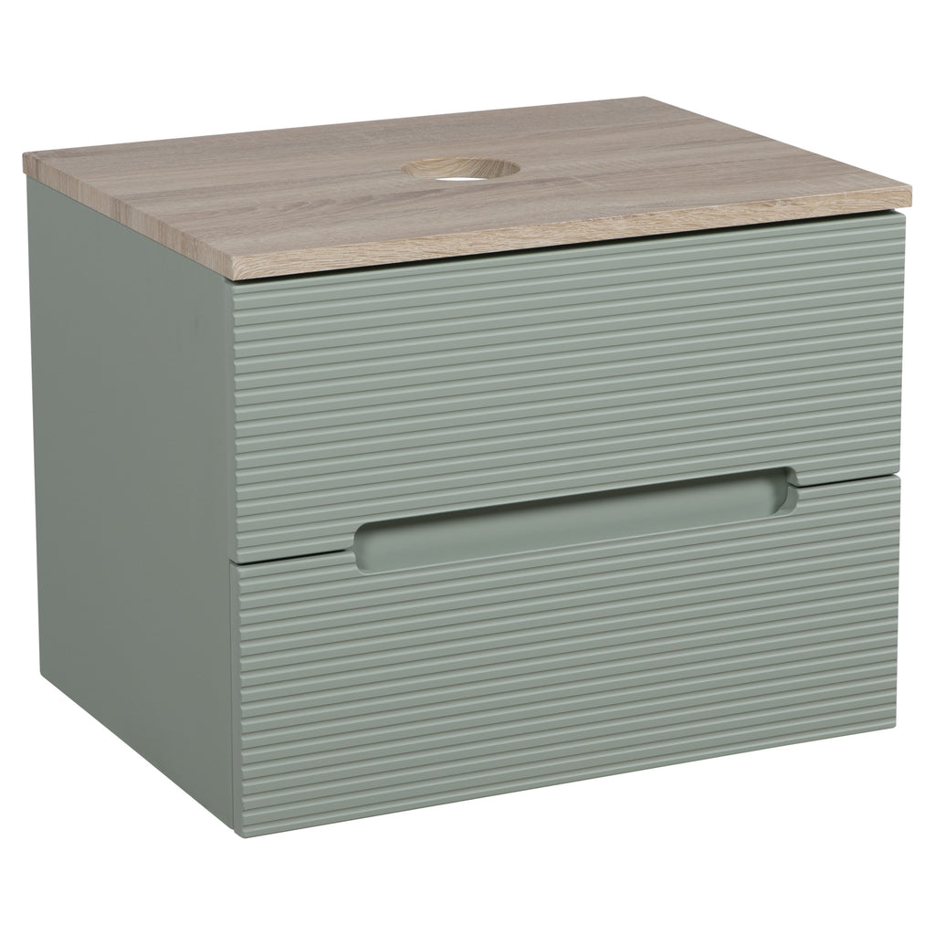 Tailored Monza Plus Fluted 2 Drawer Wall Hung Vanity With Counter Top - 605mm Wide - Aloe Green/Country Oak - view 4