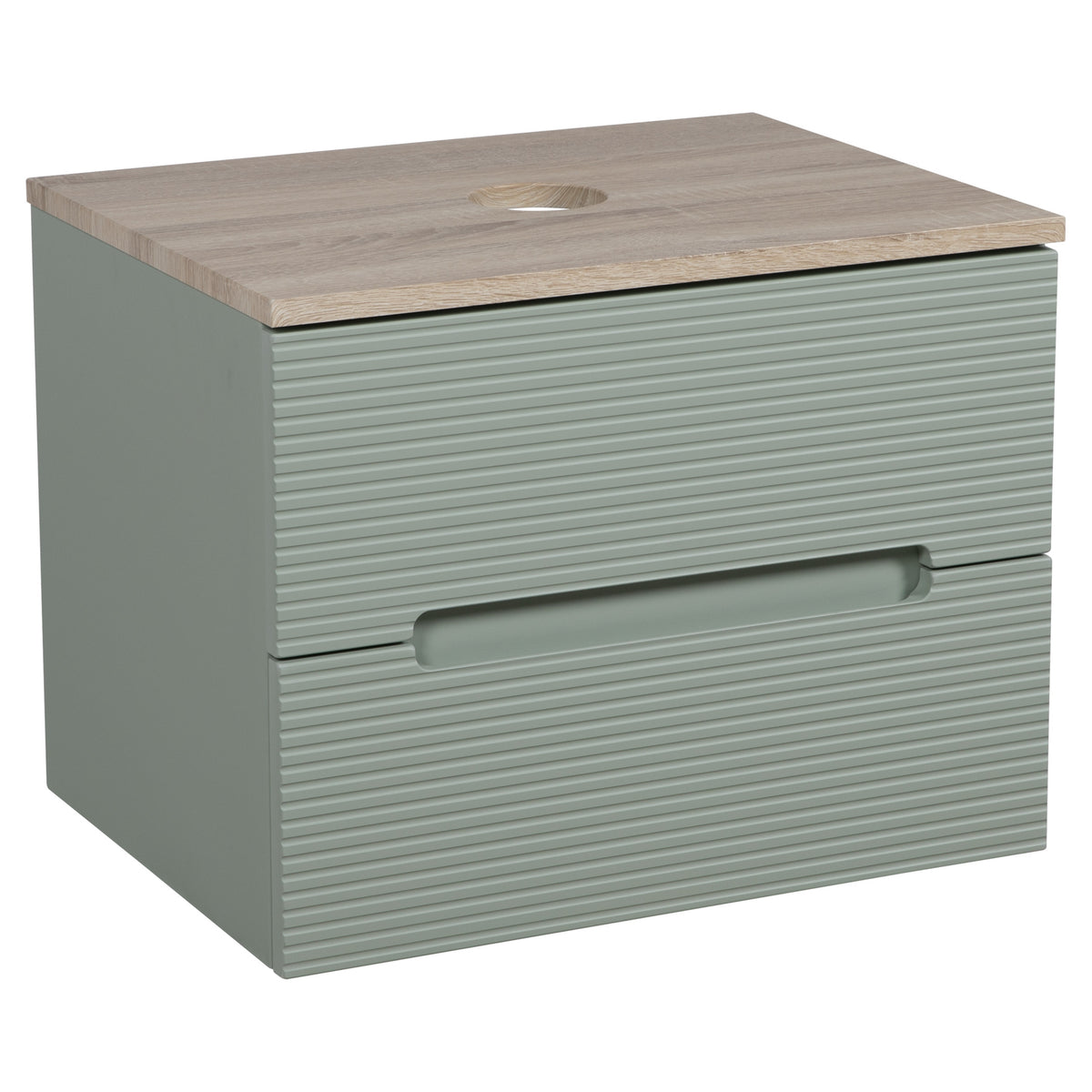 Tailored Monza Plus Fluted 2 Drawer Wall Hung Vanity With Counter Top - 605mm Wide - Aloe Green/Country Oak - view 4