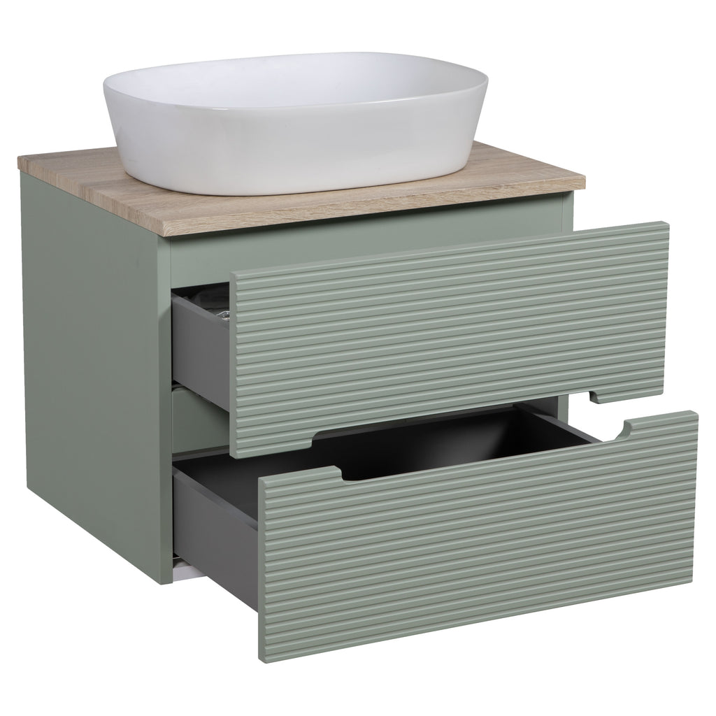 Tailored Monza Plus Fluted 2 Drawer Wall Hung Vanity With Counter Top - 605mm Wide - Aloe Green/Country Oak