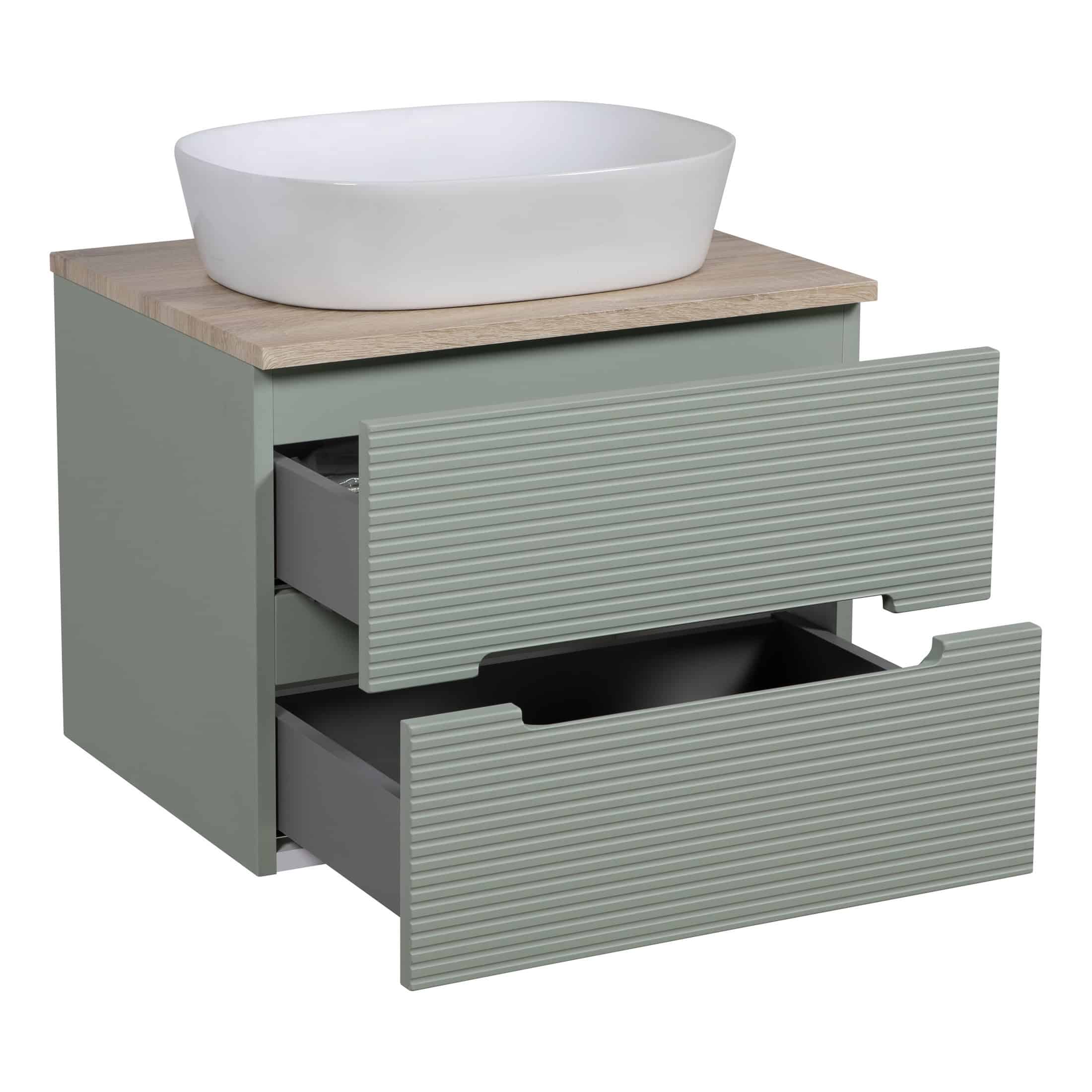 Sleek grey bathroom vanity with open drawers and a modern wooden countertop featuring a stylish white vessel sink, perfect for contemporary bathroom designs.