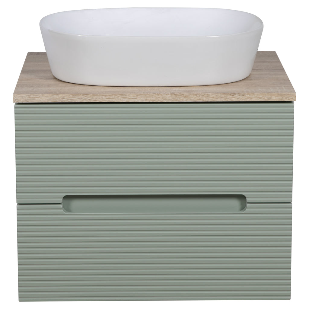 Tailored Monza Plus Fluted 2 Drawer Wall Hung Vanity With Counter Top - 605mm Wide - Aloe Green/Country Oak - view 5