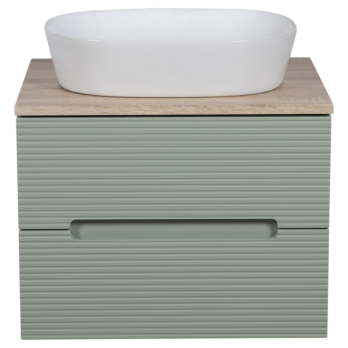 Tailored Monza Plus Fluted 2 Drawer Wall Hung Vanity With Counter Top - 605mm Wide - Aloe Green/Country Oak - view 5