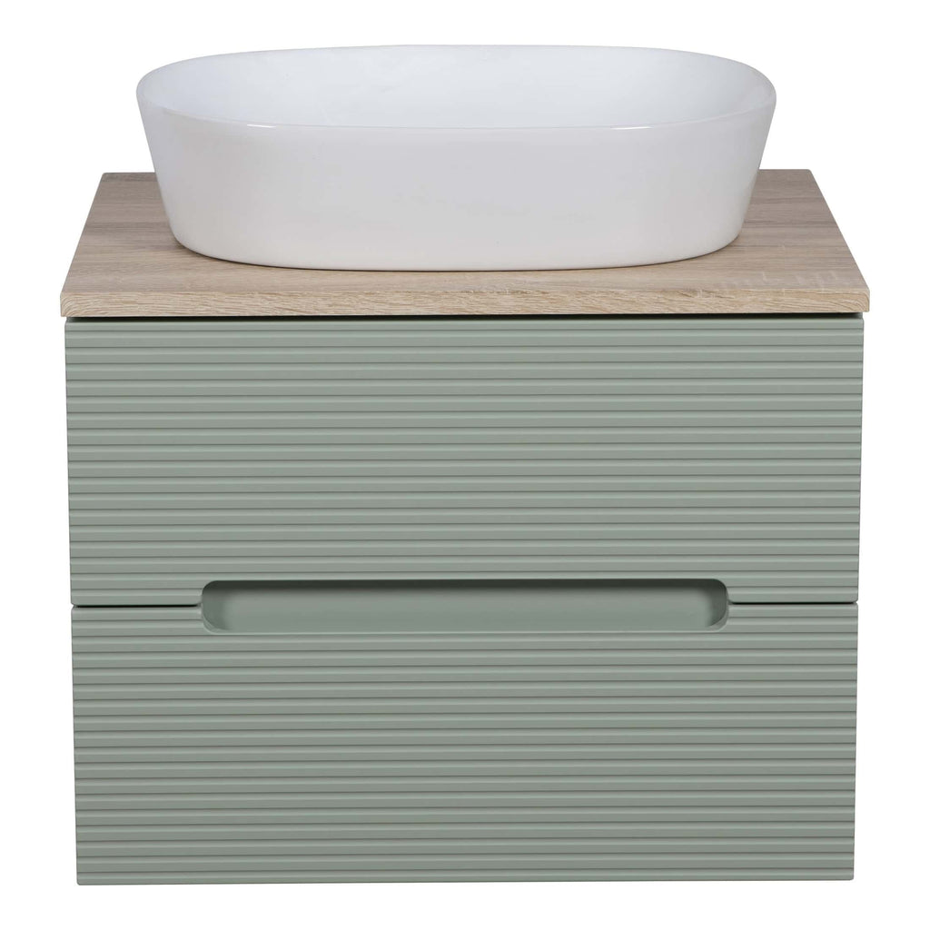 Sleek bathroom vanity with textured grey drawers, natural wooden top, and modern ceramic basin, perfect for contemporary bathroom renovation and stylish storage solutions.