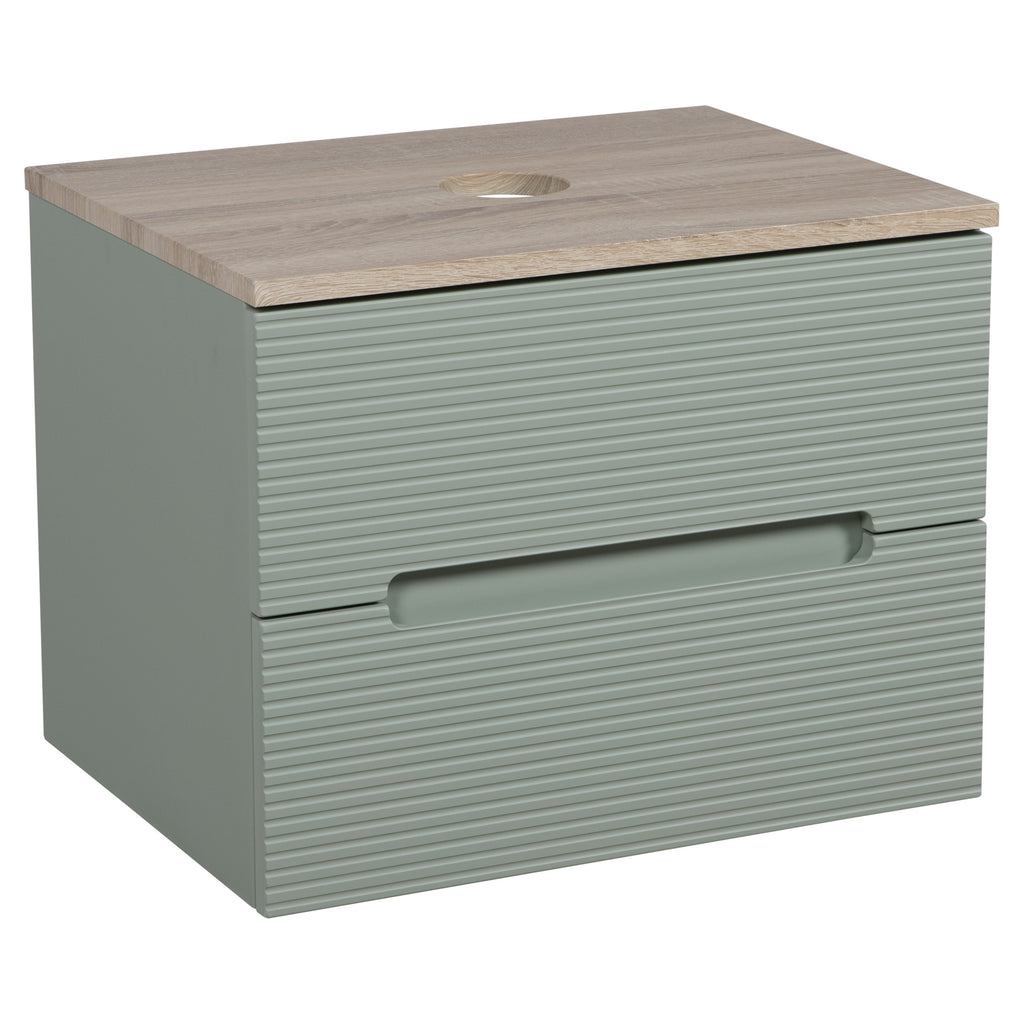 Tailored Monza Plus Fluted 2 Drawer Wall Hung Vanity With Counter Top - 605mm Wide - Aloe Green/Country Oak - view 7