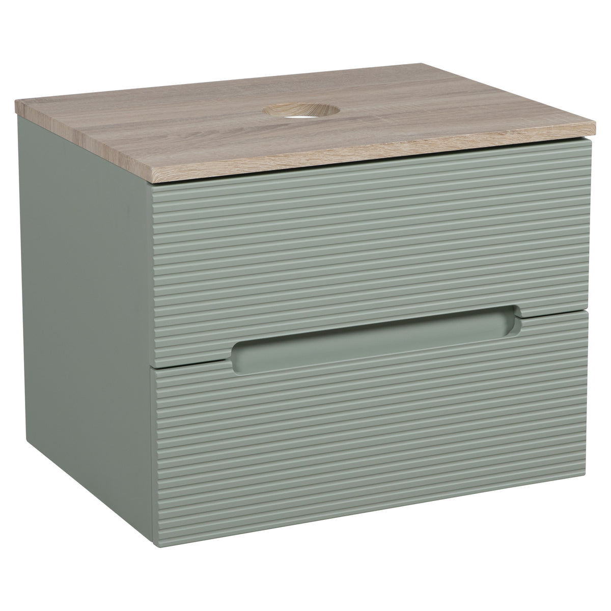 Tailored Monza Plus Fluted 2 Drawer Wall Hung Vanity With Counter Top - 605mm Wide - Aloe Green/Country Oak - view 7