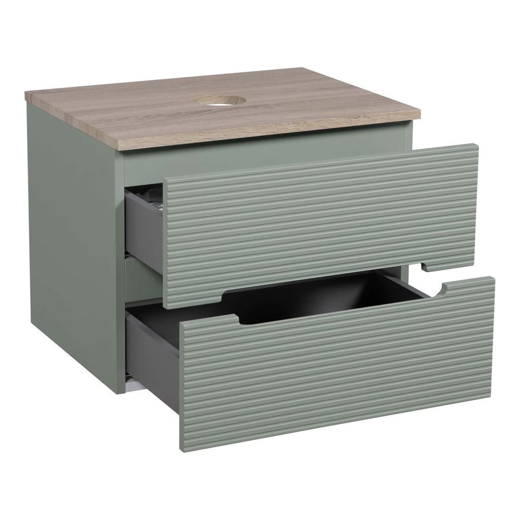 Modern bathroom vanity unit with textured grey drawers and a wooden countertop, ideal for stylish bathroom storage and organisation.