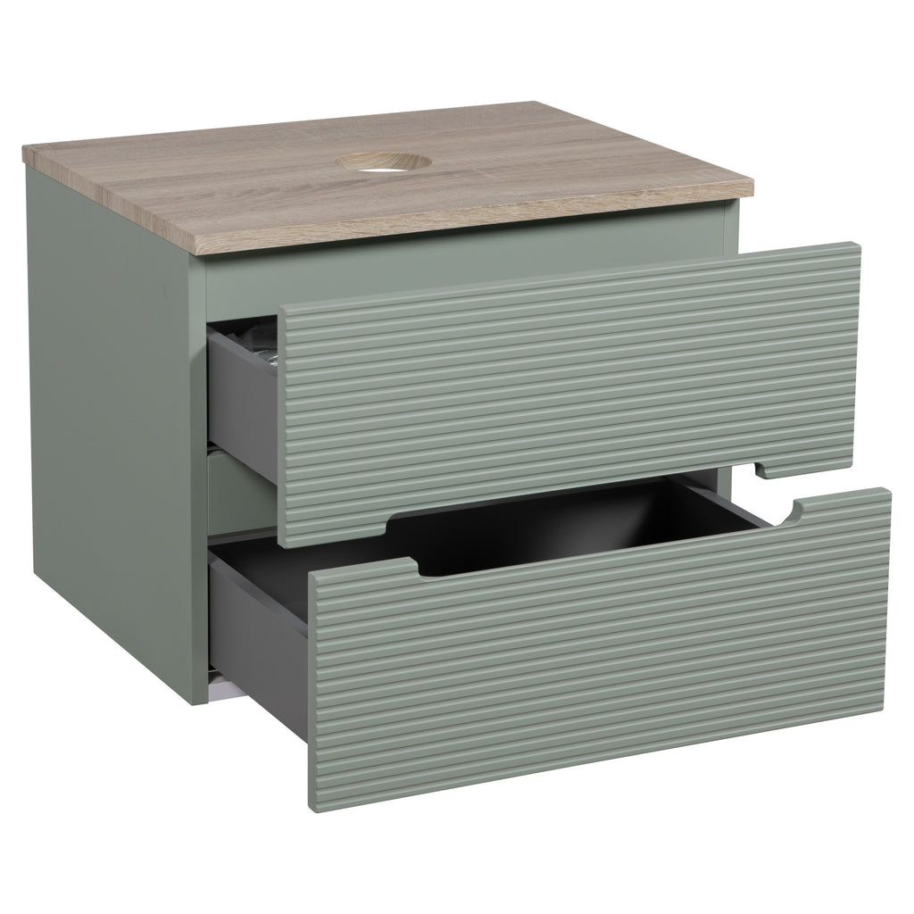 Tailored Monza Plus Fluted 2 Drawer Wall Hung Vanity With Counter Top - 605mm Wide - Aloe Green/Country Oak - view 8