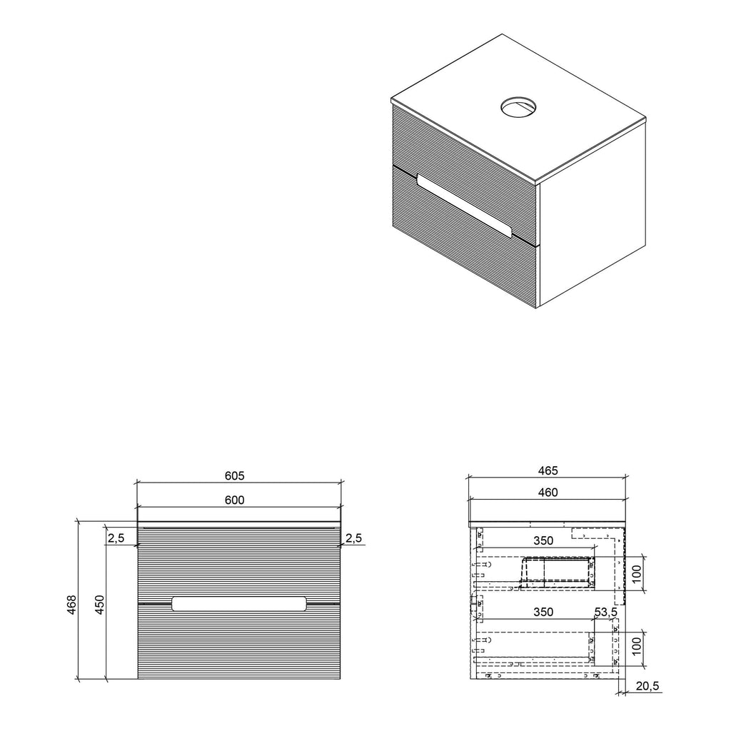 Modern bathroom vanity unit with sleek drawers, detailed technical drawings, and precise measurements for customised bathroom storage solutions.