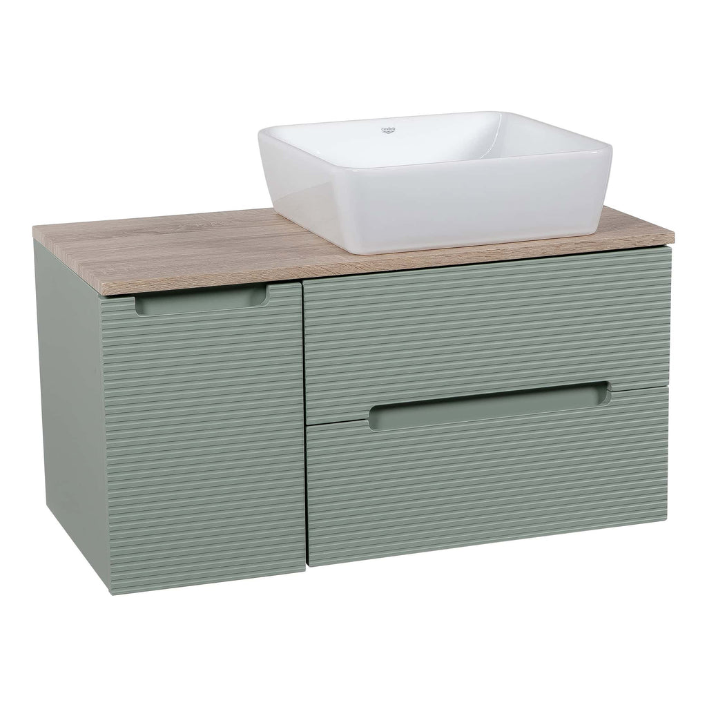 Modern bathroom vanity unit with a ceramic basin, grey textured finish, and wooden countertop, designed for contemporary bathroom decor and efficient space utilisation.