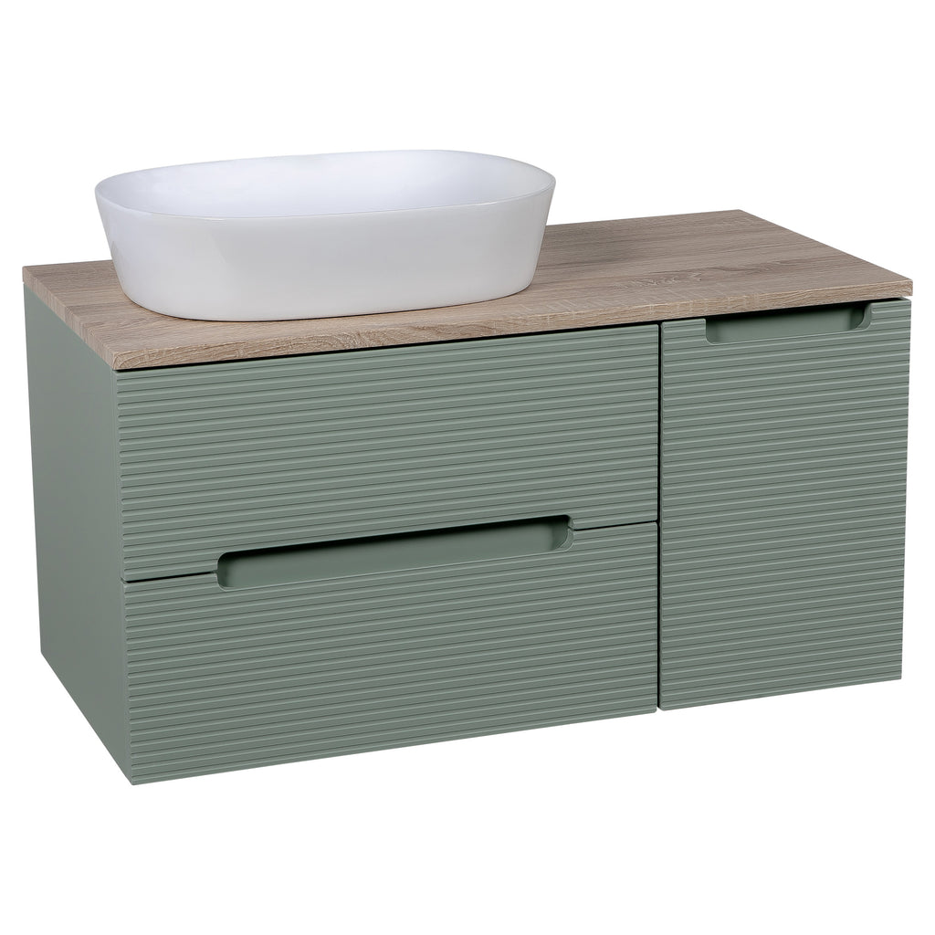 Tailored Monza Plus Fluted 2 Drawer Wall Hung Vanity With Side Cabinet And Counter Top - 905mm Wide - Aloe Green/Country Oak - view 1