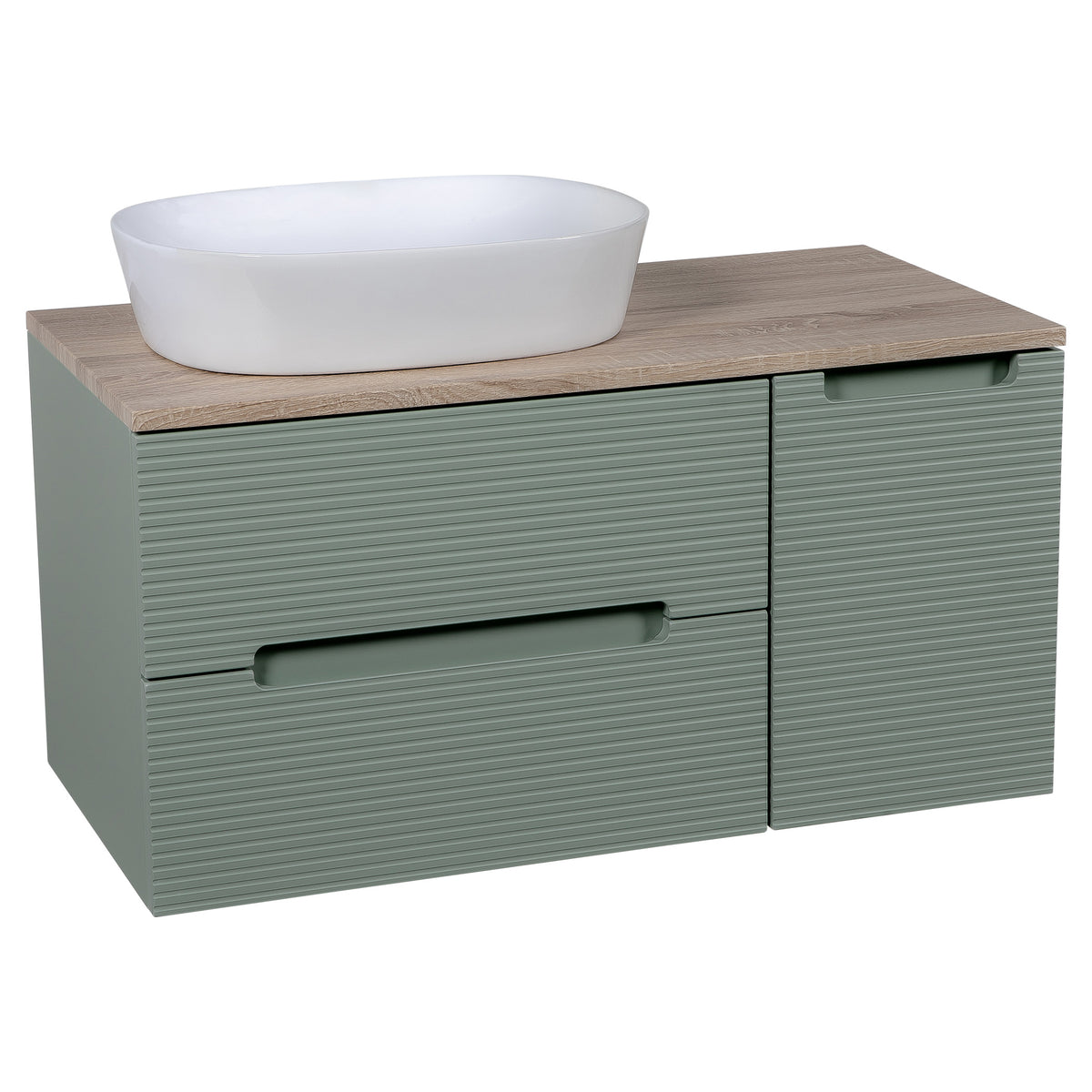 Tailored Monza Plus Fluted 2 Drawer Wall Hung Vanity With Side Cabinet And Counter Top - 905mm Wide - Aloe Green/Country Oak - view 1