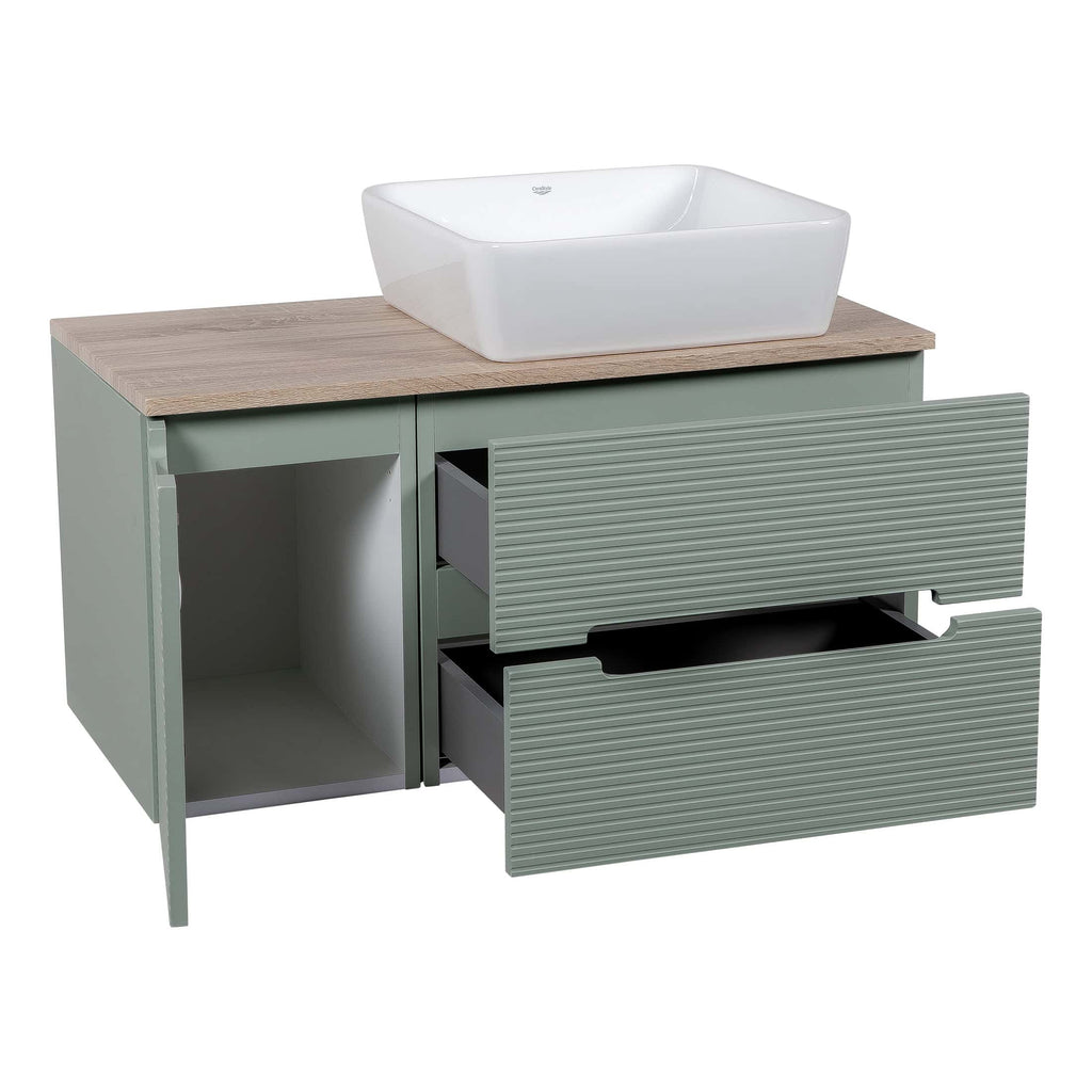 Sleek modern bathroom vanity with a light green finish, natural wood top, and a stylish rectangular white sink for contemporary bathroom design.