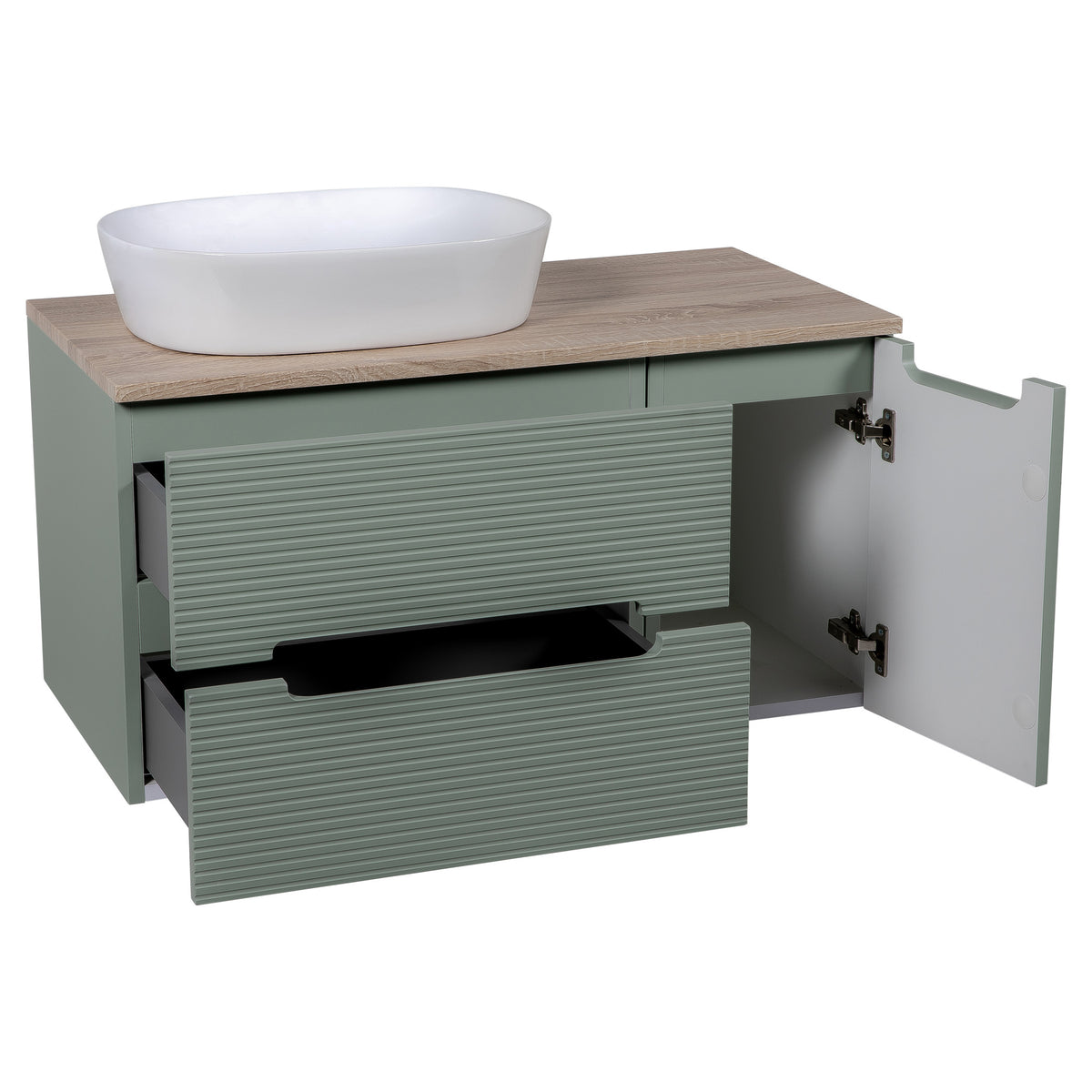 Tailored Monza Plus Fluted 2 Drawer Wall Hung Vanity With Side Cabinet And Counter Top - 905mm Wide - Aloe Green/Country Oak - view 2
