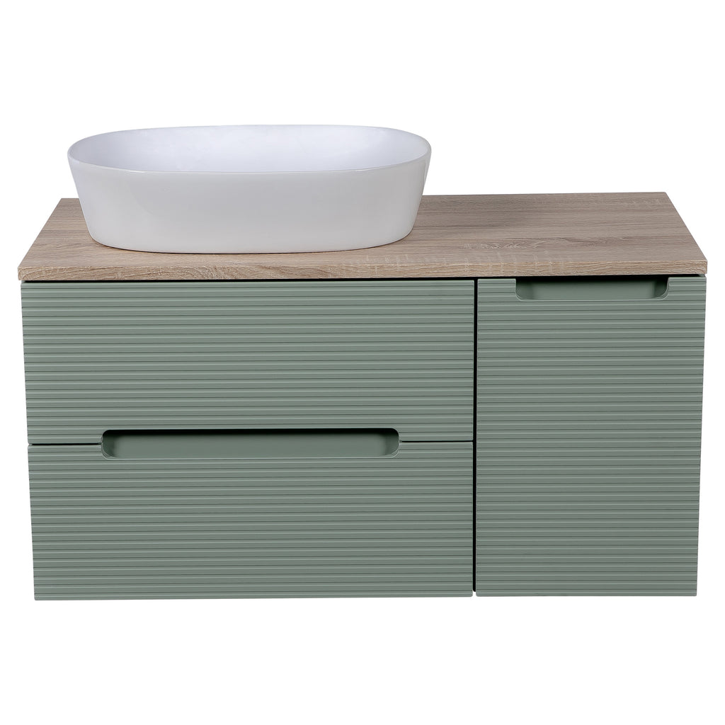 Tailored Monza Plus Fluted 2 Drawer Wall Hung Vanity With Side Cabinet And Counter Top - 905mm Wide - Aloe Green/Country Oak - view 3