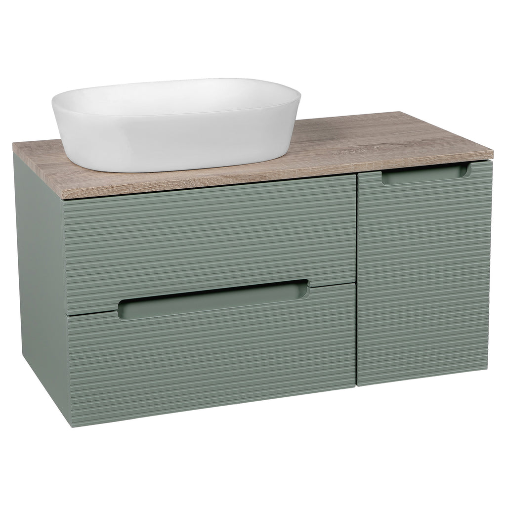 Tailored Monza Plus Fluted 2 Drawer Wall Hung Vanity With Side Cabinet And Counter Top - 905mm Wide - Aloe Green/Country Oak