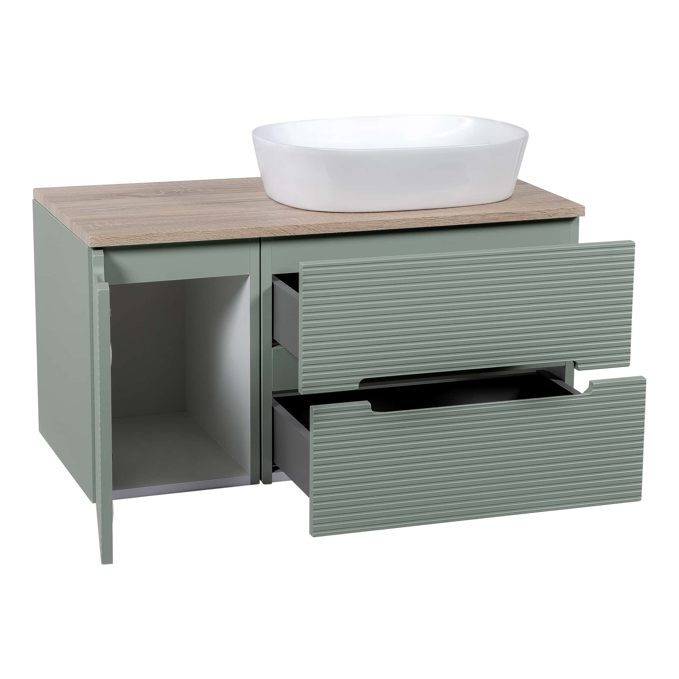 Sleek modern bathroom vanity with a vessel sink, featuring two spacious drawers and a soft green finish, perfect for contemporary bathroom décor.