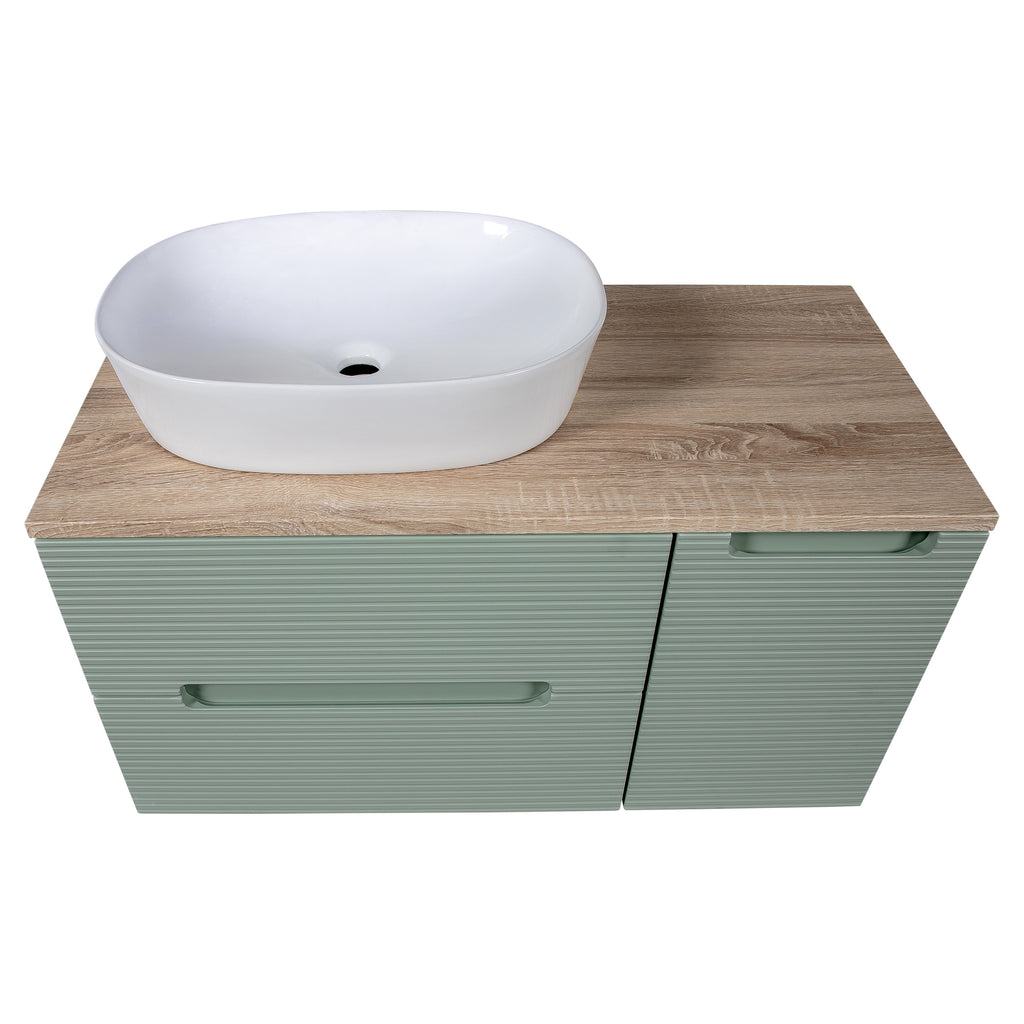 Tailored Monza Plus Fluted 2 Drawer Wall Hung Vanity With Side Cabinet And Counter Top - 905mm Wide - Aloe Green/Country Oak - view 4