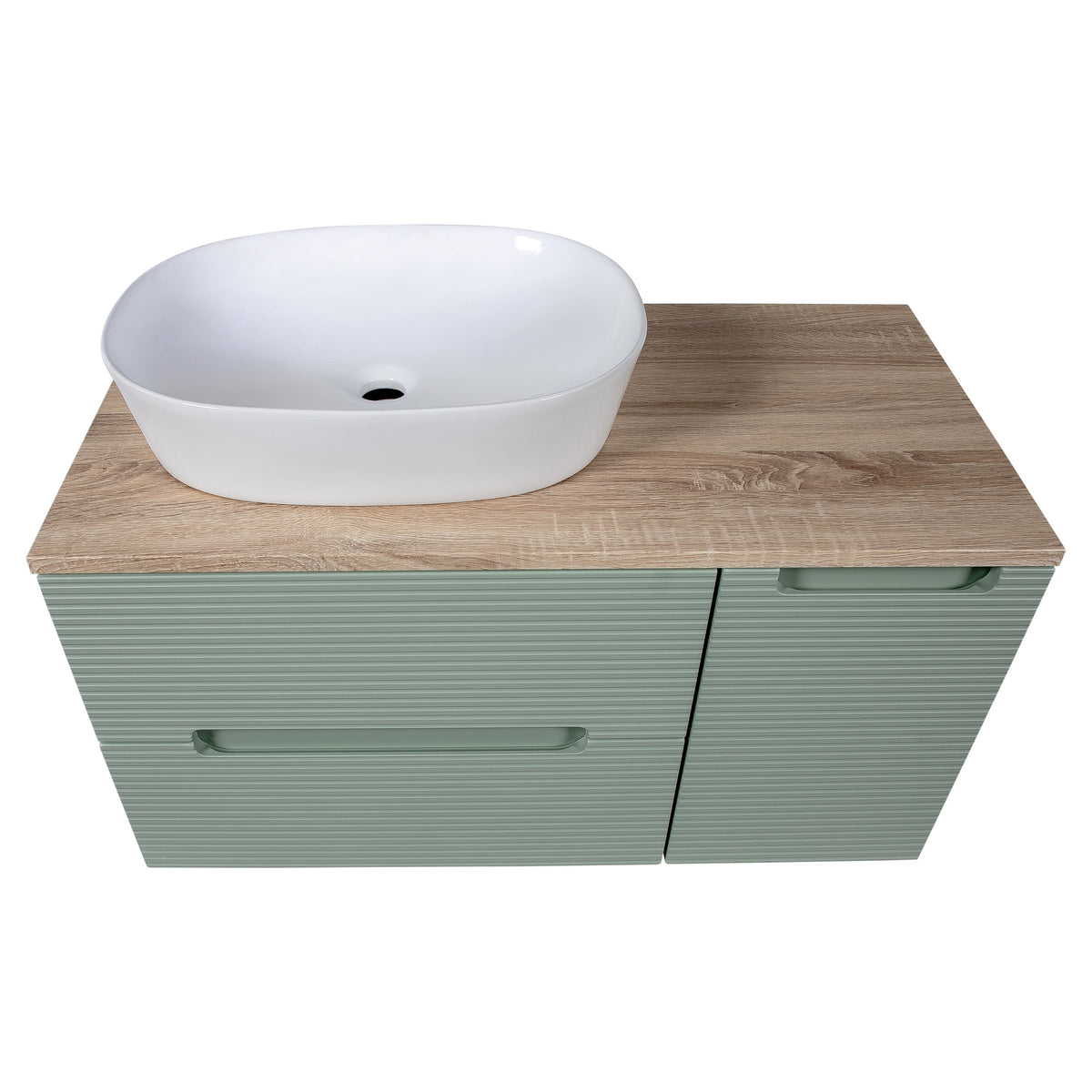 Tailored Monza Plus Fluted 2 Drawer Wall Hung Vanity With Side Cabinet And Counter Top - 905mm Wide - Aloe Green/Country Oak - view 4